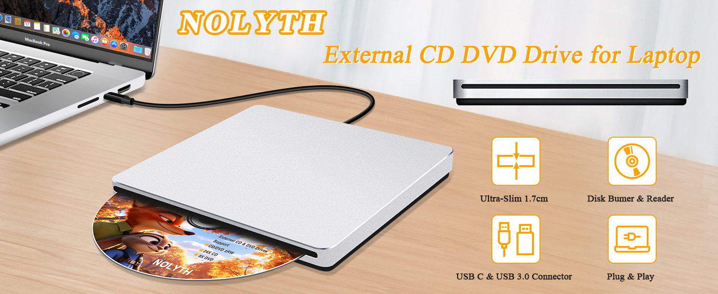 Lecteur CD DVD externe Nolyth pour ordinateur portable : Ultra-mince, Plug & Play, USB C et USB 3.0
