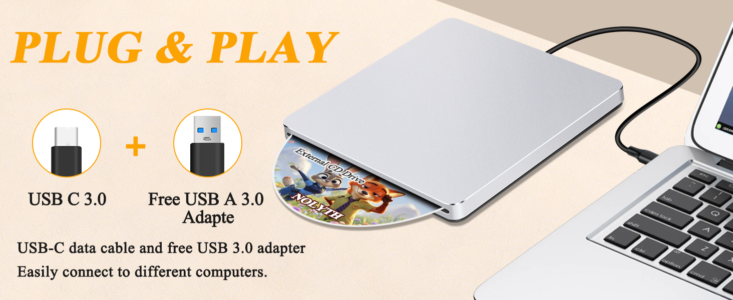 Lecteur DVD USB NOLYTH : Plug & Play, large compatibilité, lecture des disques gravés et déchirés