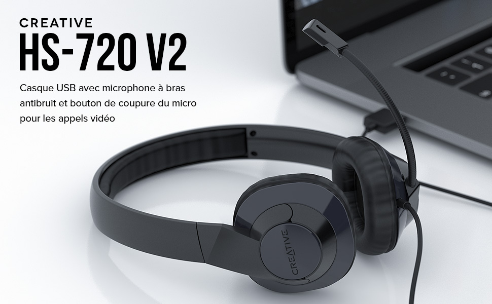 Creative HS-720 V2 – Casque USB avec microphone à bras antibruit et bouton de coupure du micro pour les appels vidéo