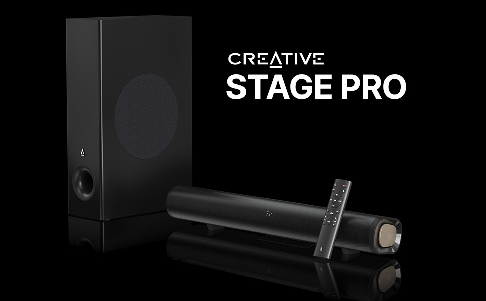 Creative Stage Pro – Barre de son 2.1 avec Dolby Audio, HDMI, Bluetooth 5.3, audio USB, pour TV, PC et mobile