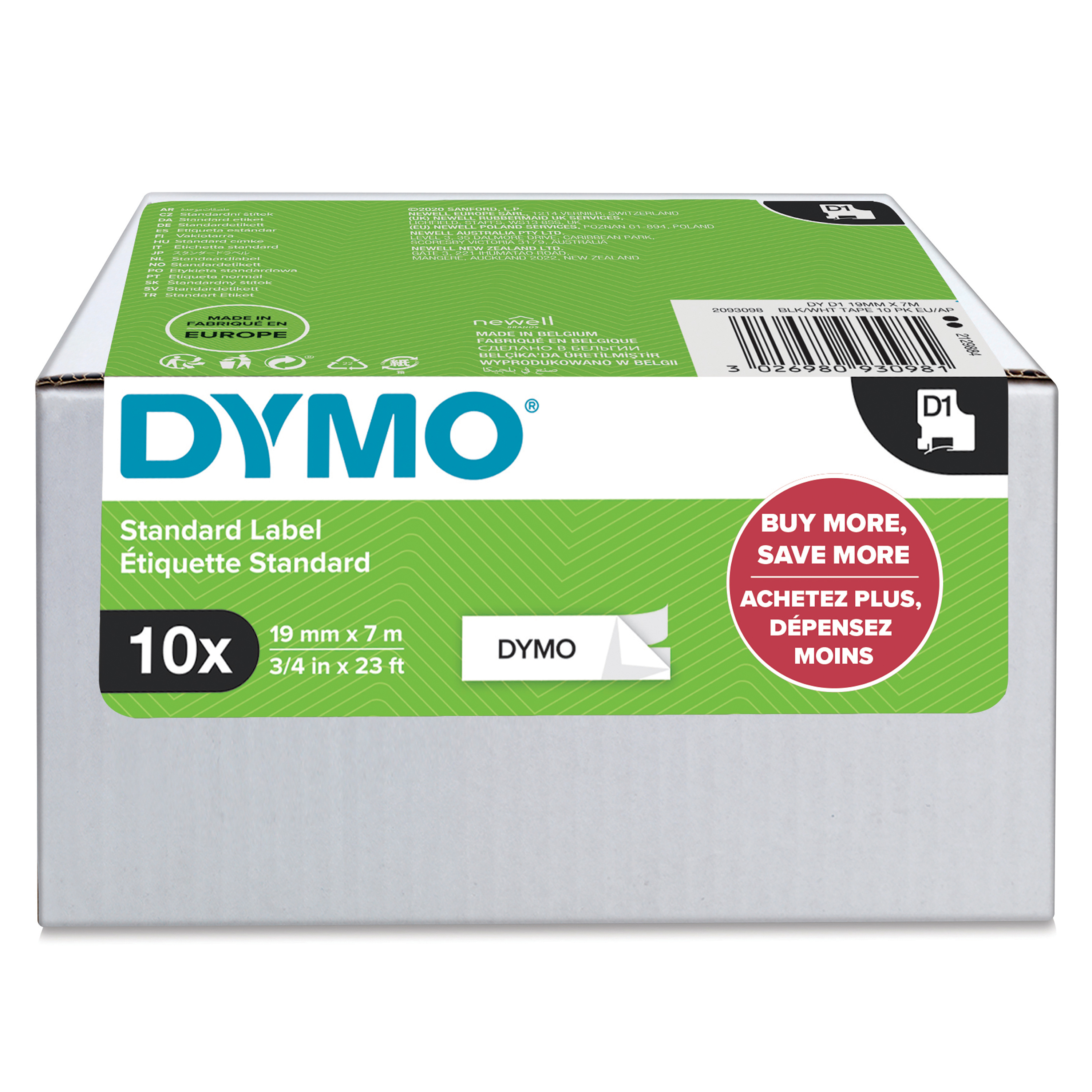 DYMO D1 étiquettes autocollantes authentiques | impression en noir sur fond blanc | 19mm x 7 m | pour étiqueteuses LabelManager | 10 rouleaux