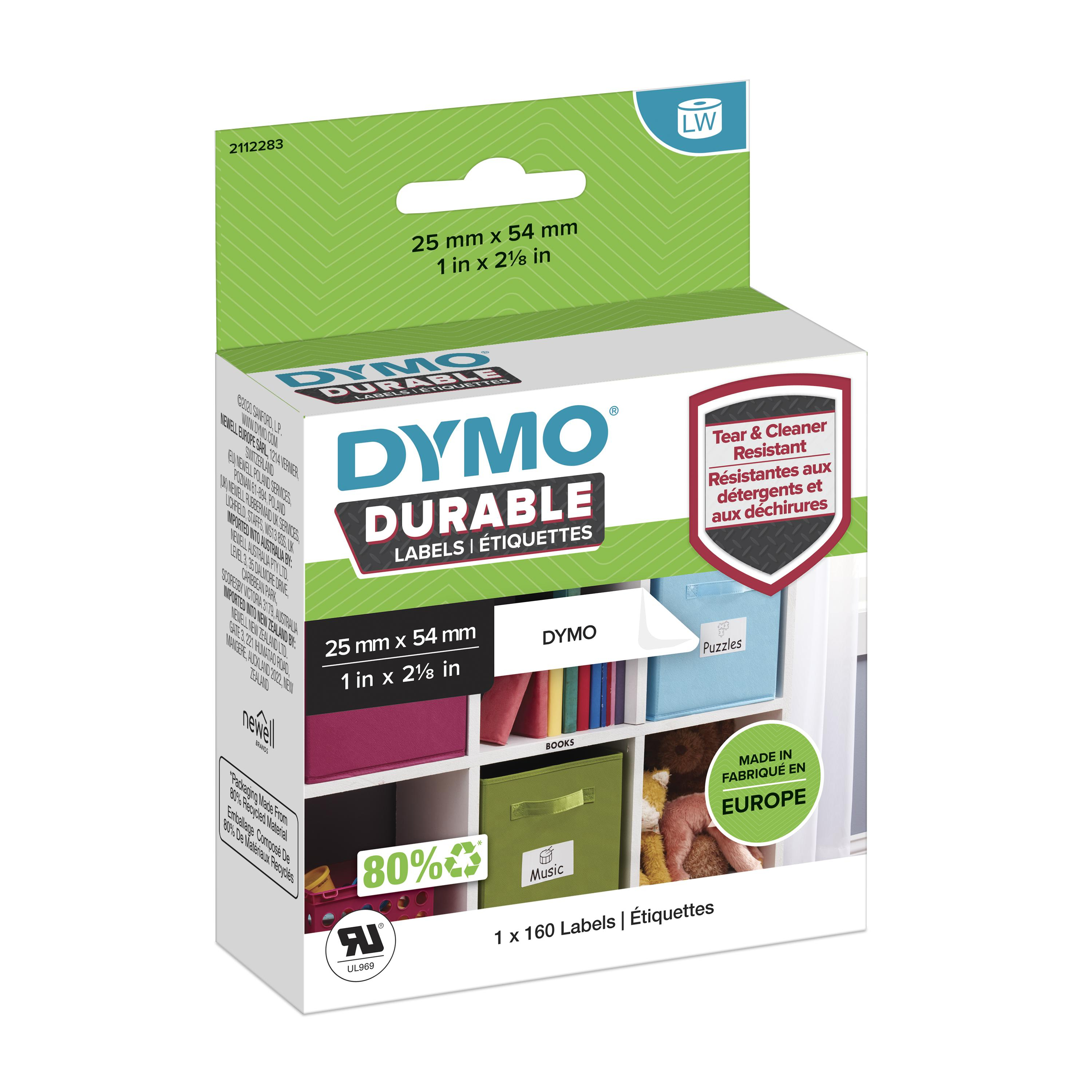 DYMO LW Étiquettes industrielles résistantes | authentique | plastique blanc | 25 x 54 mm | 1 rouleaux de 160) | pour étiqueteuses LabelWriter 450/550 et 4XL/5XL