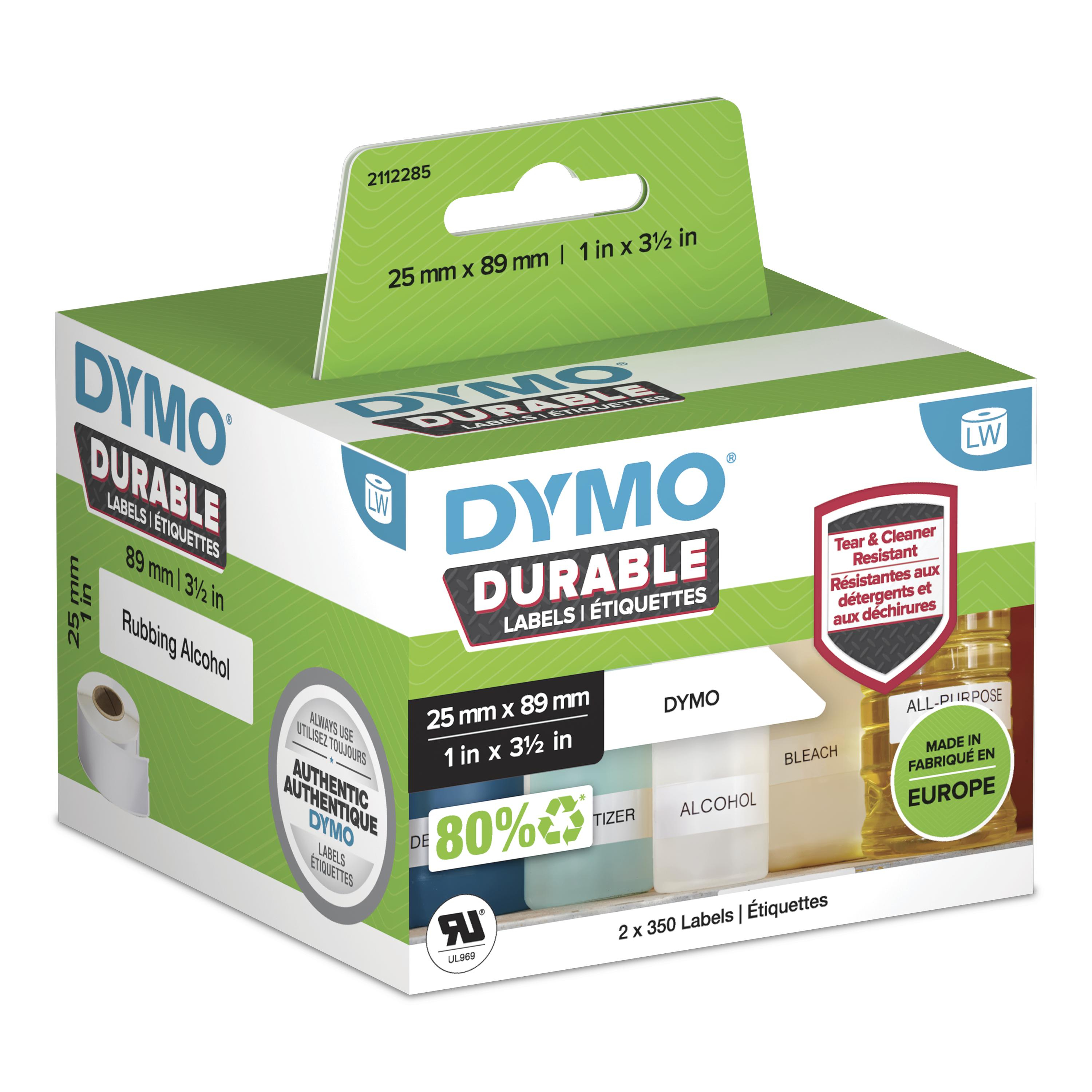 DYMO LW Étiquettes industrielles résistantes | authentique | plastique blanc | 25 x 89 mm | 2 rouleaux de 350 (lot de 700) | pour étiqueteuses LabelWriter 450/550 et 4XL/5XL