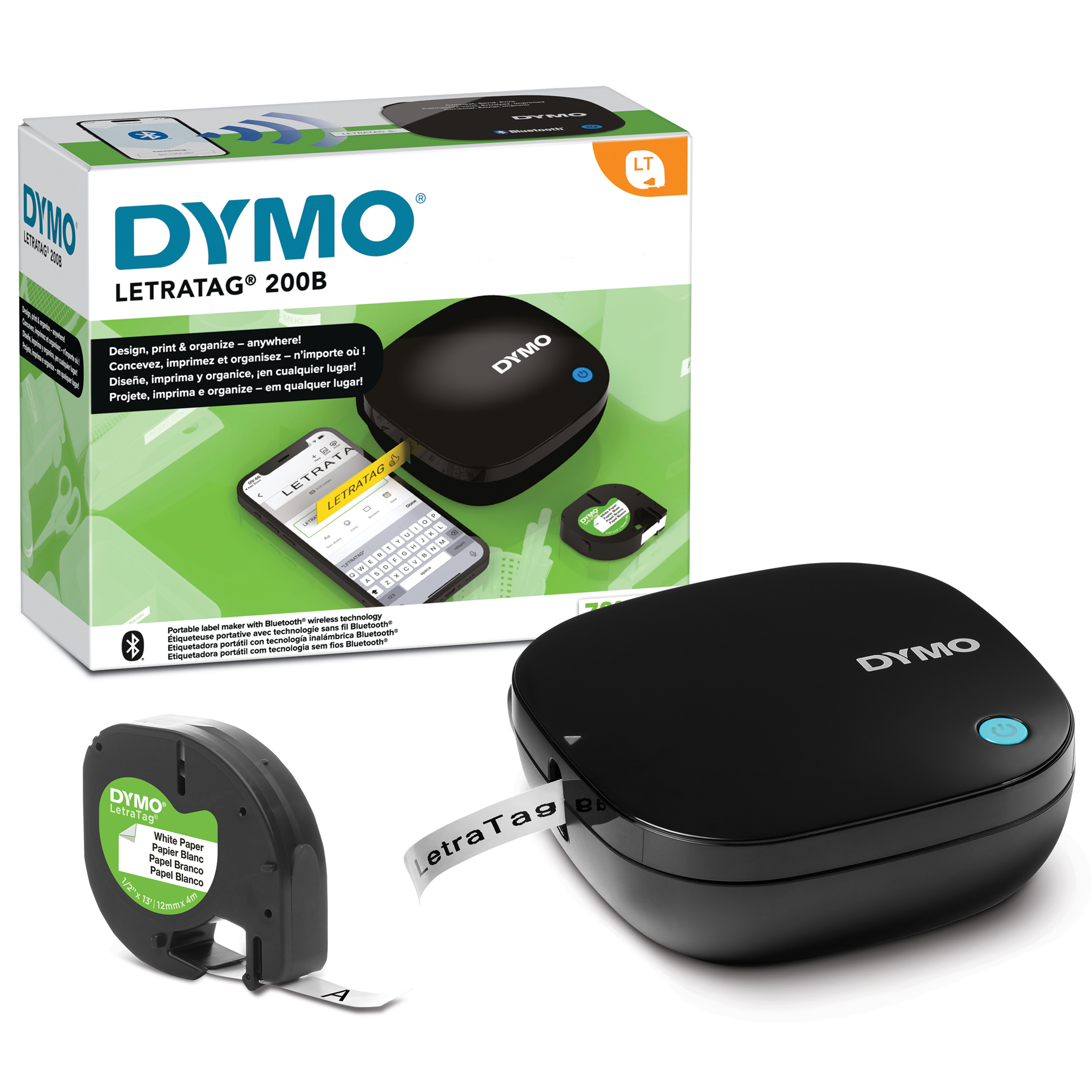 DYMO LetraTag 200B étiqueteuse Bluetooth | Imprimante d'étiquettes compacte | Se connecte à iOS et Android à l'aide de la technologie Bluetooth sans fil | Inclut 1 ruban en papier blanc