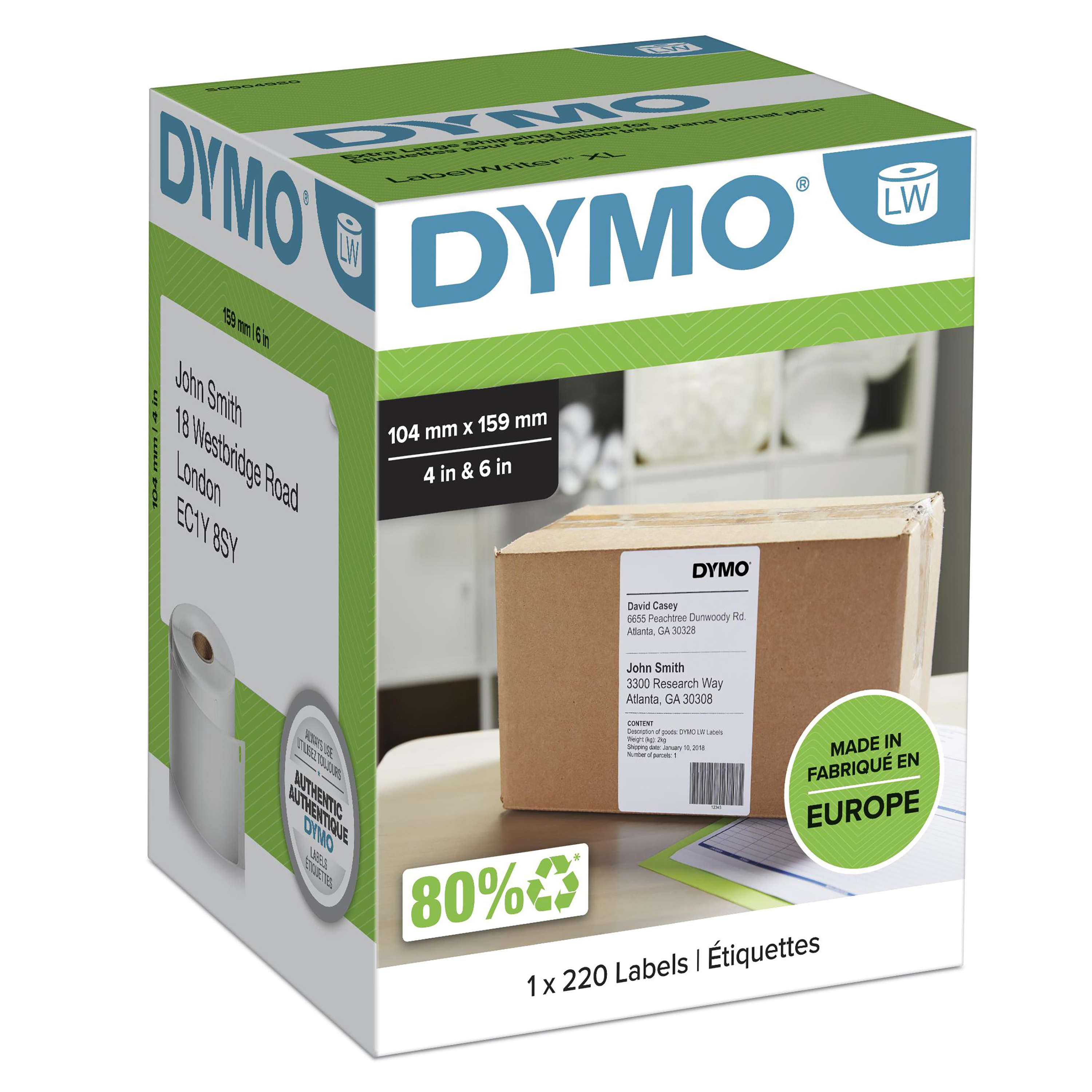 DYMO LW étiquettes authentiques d’expédition extra-larges pour étiqueteuses LabelWriter 5XL/4XL | 104 mm x 159 mm | rouleau de 220 | impression en noir sur fond blanc
