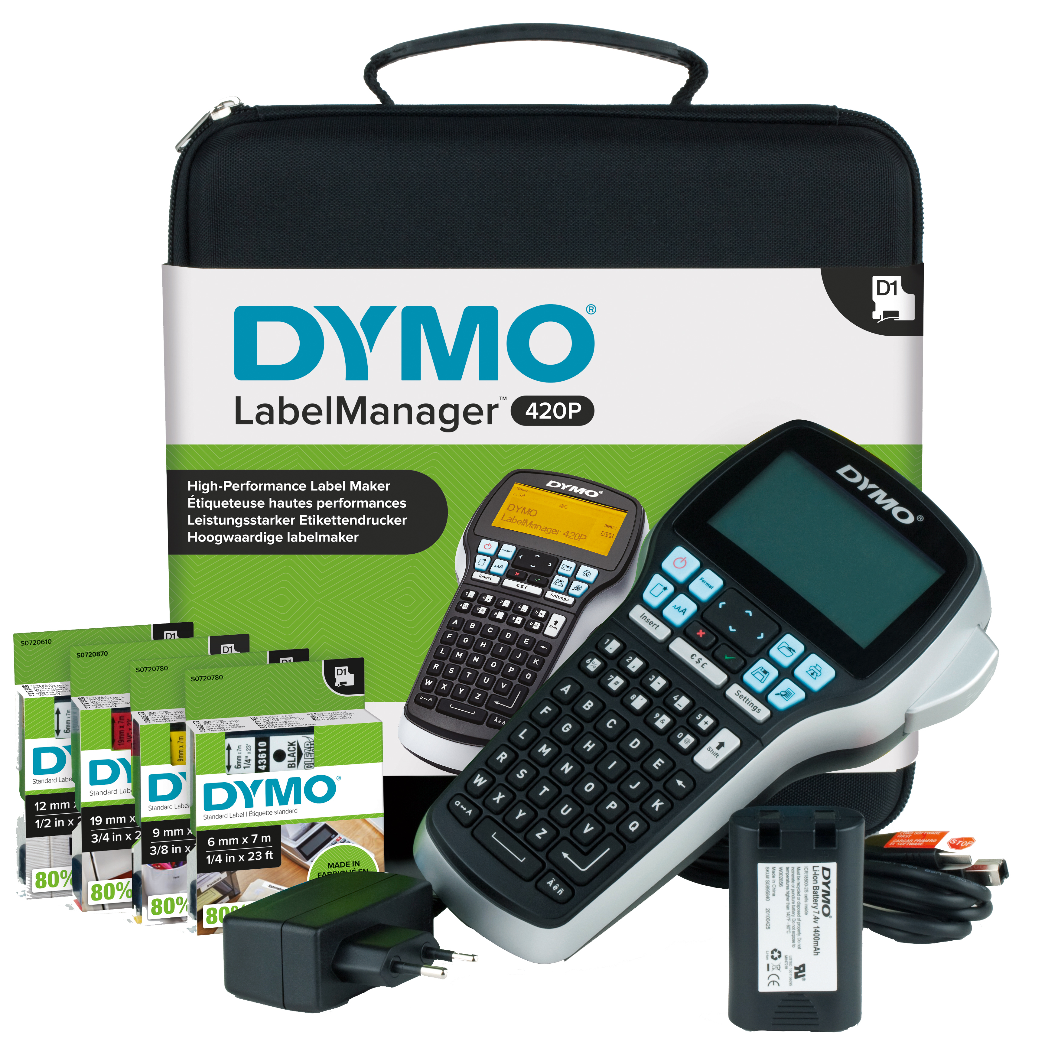 DYMO LabelManager420P Étiqueteuse portable rechargeable | hautes performances avec connexion PC/Mac | Clavier ABC avec Malette de Transport et 4 Ruban D1