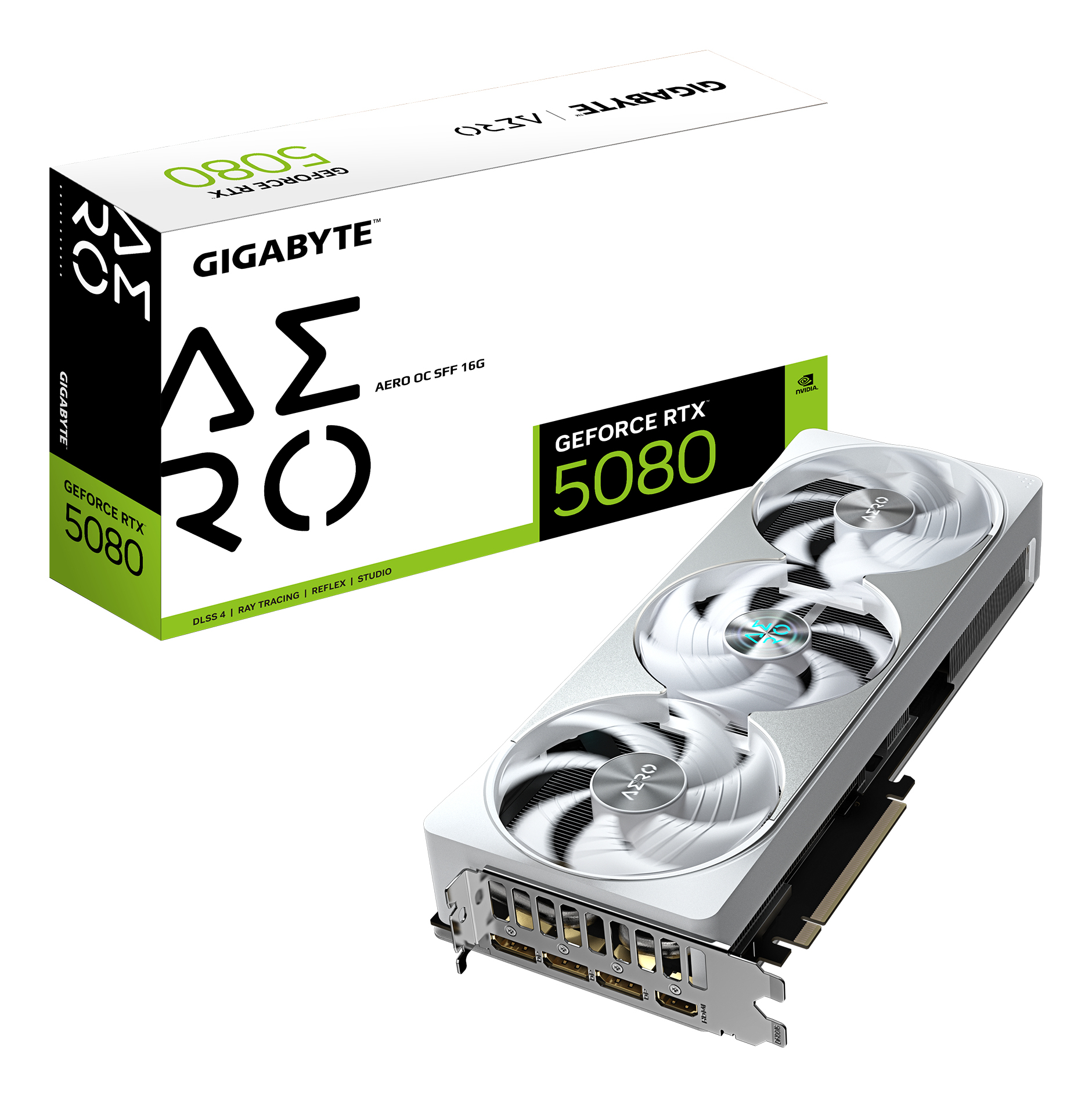 GeForce RTX 5080 AERO OC SFF 16G Carte graphique - 16 Go GDDR7, 256 bits, PCI-E 5.0, 2730MHz Core Clock, 3 x DisplayPort, 1 x HDMI, GV-N5080AERO OC-16GD