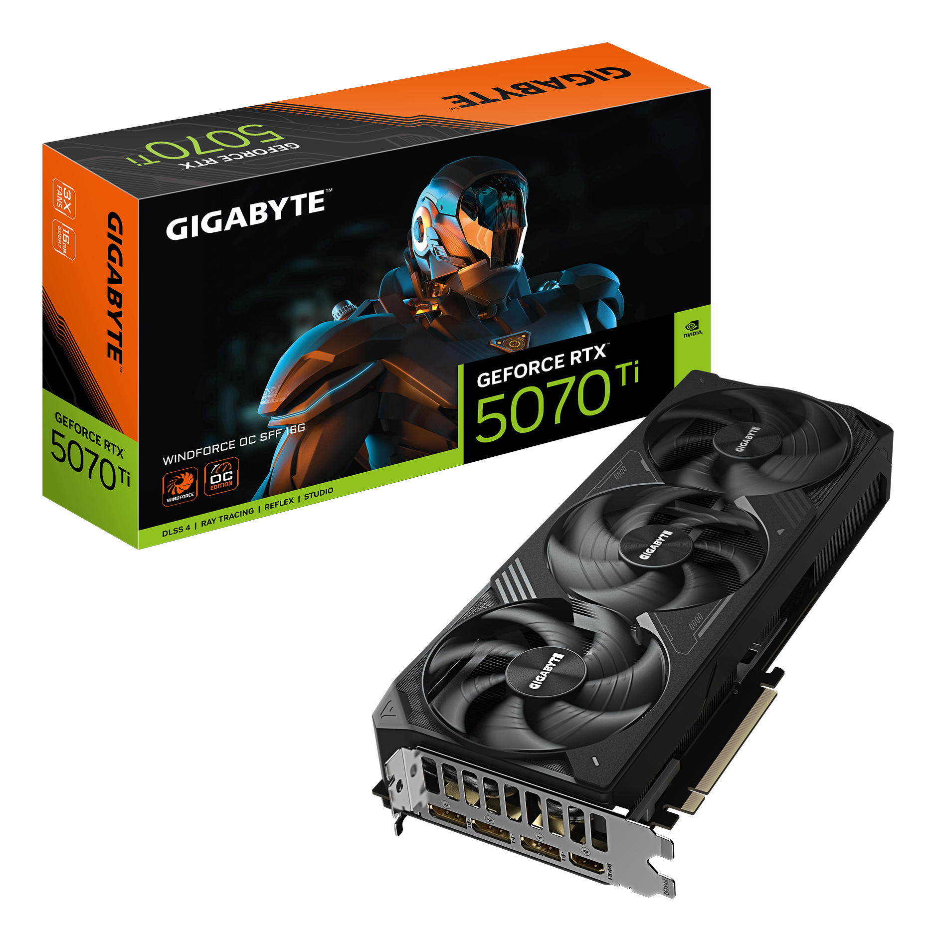 GeForce RTX 5070 Ti WINDFORCE OC SFF 16G Carte Graphique - 16 Go GDDR7, 256 bits, PCI-E 5.0, 2497 MHz Core Clock, 3 x DP 2.1a, 1 x HDMI 2.1b, NVIDIA DLSS 4, GV-N507TWF3OC-16GD