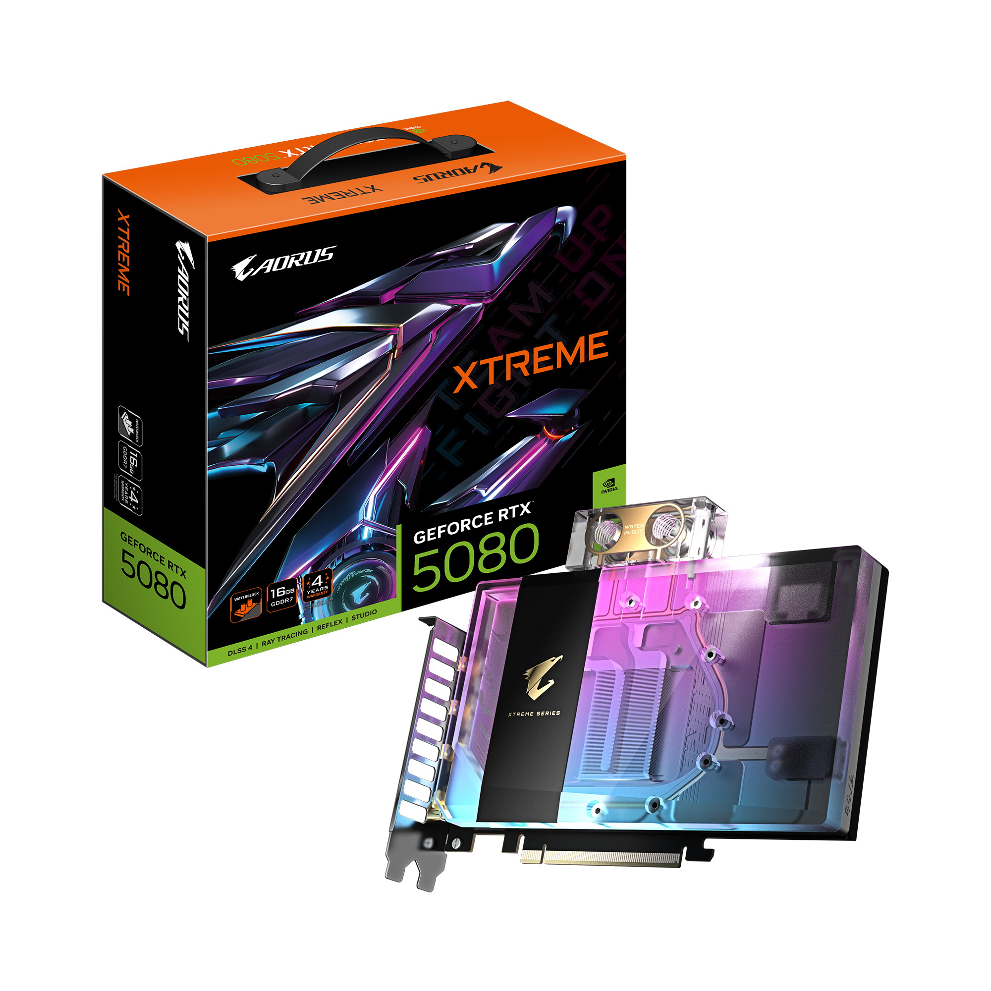AORUS GeForce RTX 5080 XTREME WATERFORCE WB 16G Carte Graphique - 16 Go GDDR7, 256 bits, PCI-E 5.0, 2805MHz Core Clock, 3 x DP 2.1a, 1 x HDMI 2.1b, NVIDIA DLSS 4, GV-N5080AORUSX WB-16GD
