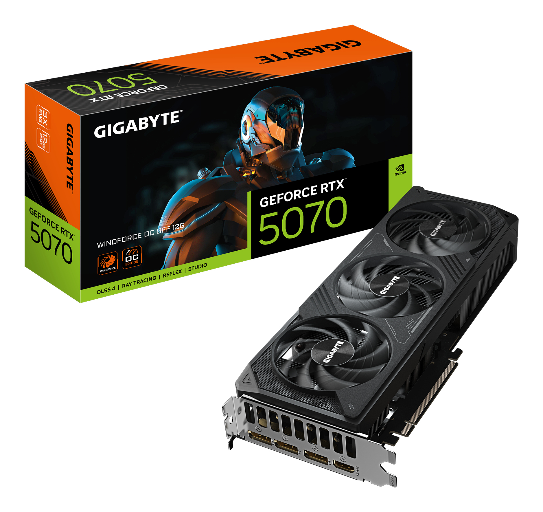 GeForce RTX 5070 WINDFORCE OC SFF 12G Carte Graphique - 12Go GDDR7, 192 bits, PCI-E 5.0, 2542 MHz Core Clock, 3 x DP 2.1a, 1 x HDMI 2.1b, NVIDIA DLSS 4, GV-N5070WF3OC-12GD