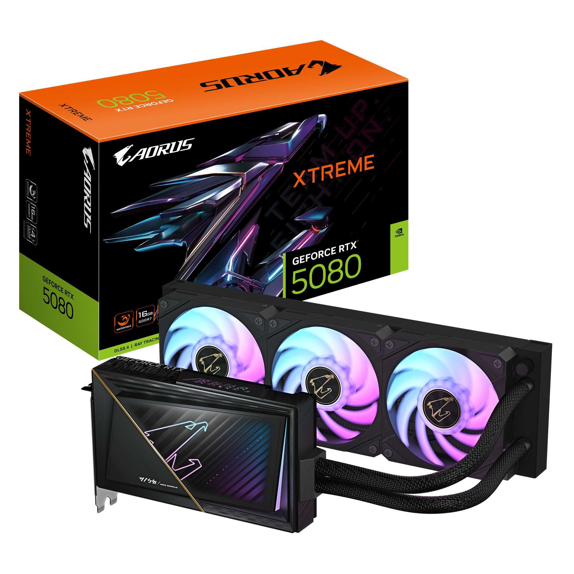 AORUS GeForce RTX 5080 XTREME WATERFORCE 16G Carte Graphique - 16 Go GDDR7, 256 bits, PCI-E 5.0, 2805MHz Core Clock, 3 x DP 2.1a, 1 x HDMI 2.1b, NVIDIA DLSS 4, GV-N5080AORUSX W-16GD