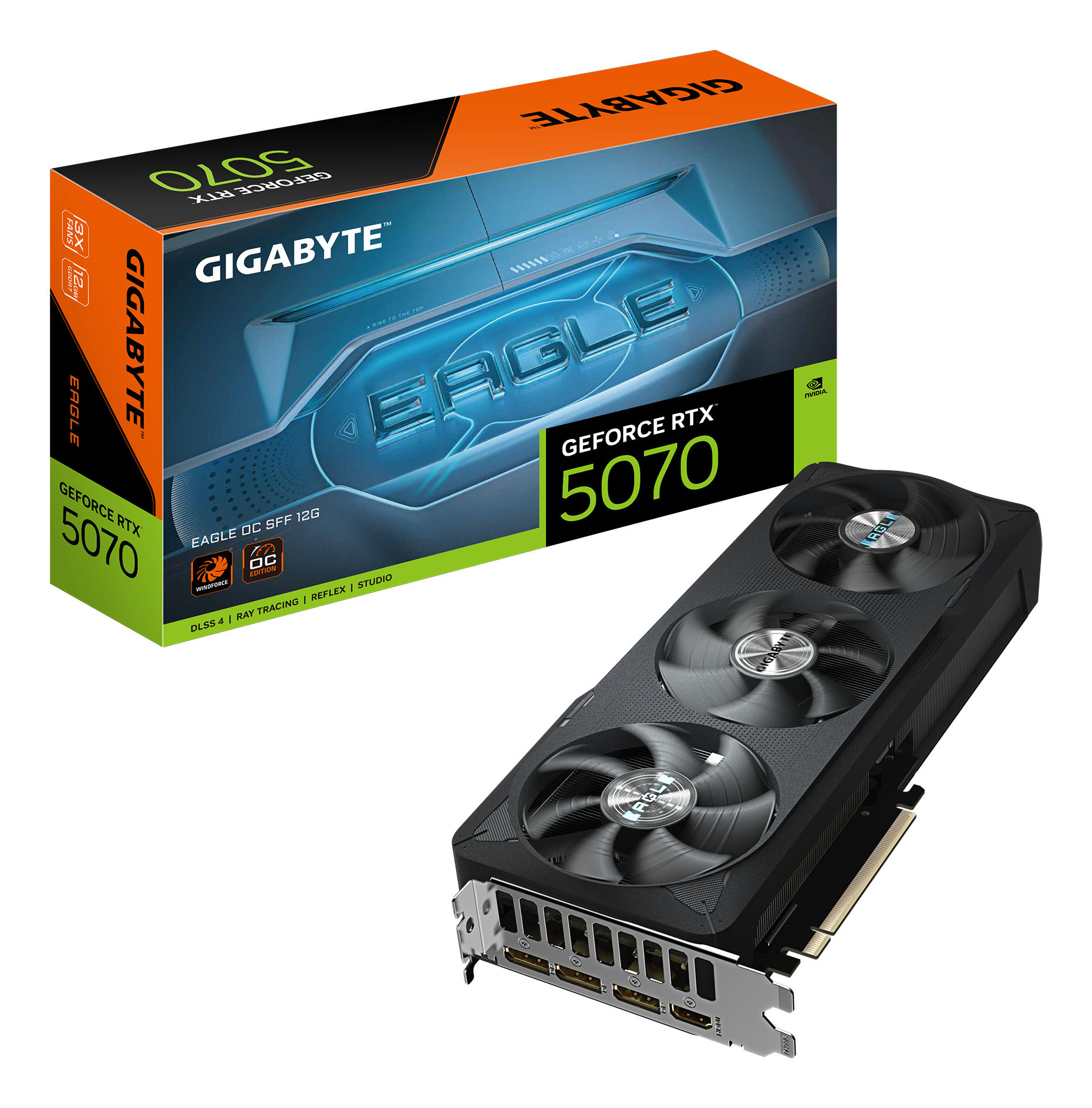 GeForce RTX 5070 EAGLE OC SFF 12G Carte Graphique - 12 Go GDDR7, 192 bits, PCI-E 5.0, 2587 MHz Core Clock, 3 x DP 2.1b, 1 x HDMI 2.1b, NVIDIA DLSS 4, GV-N5070EAGLE OC-12GD