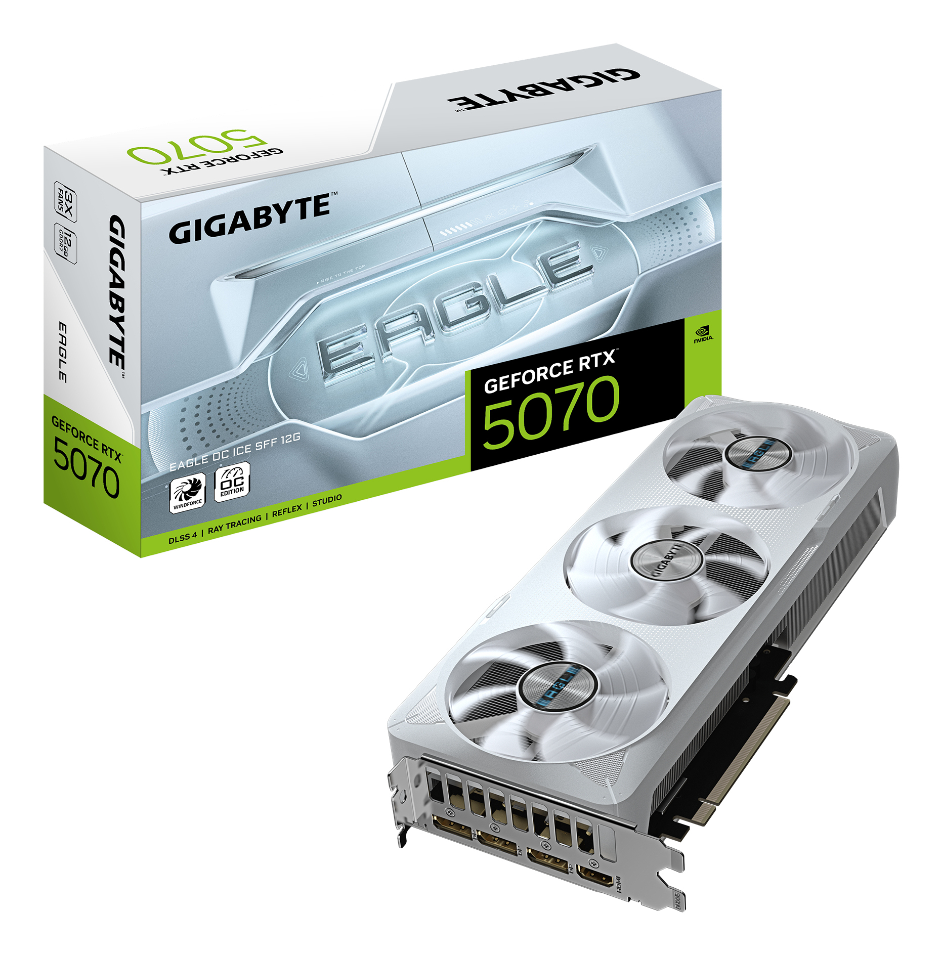 GeForce RTX 5070 EAGLE OC ICE SFF 12G Carte Graphique - 12 Go GDDR7, 192 bits, PCI-E 5.0, 2587 MHz Core Clock, 3 x DP 2.1a, 1 x HDMI 2.1b, NVIDIA DLSS 4, GV-N5070EAGLEOC ICE-12GD