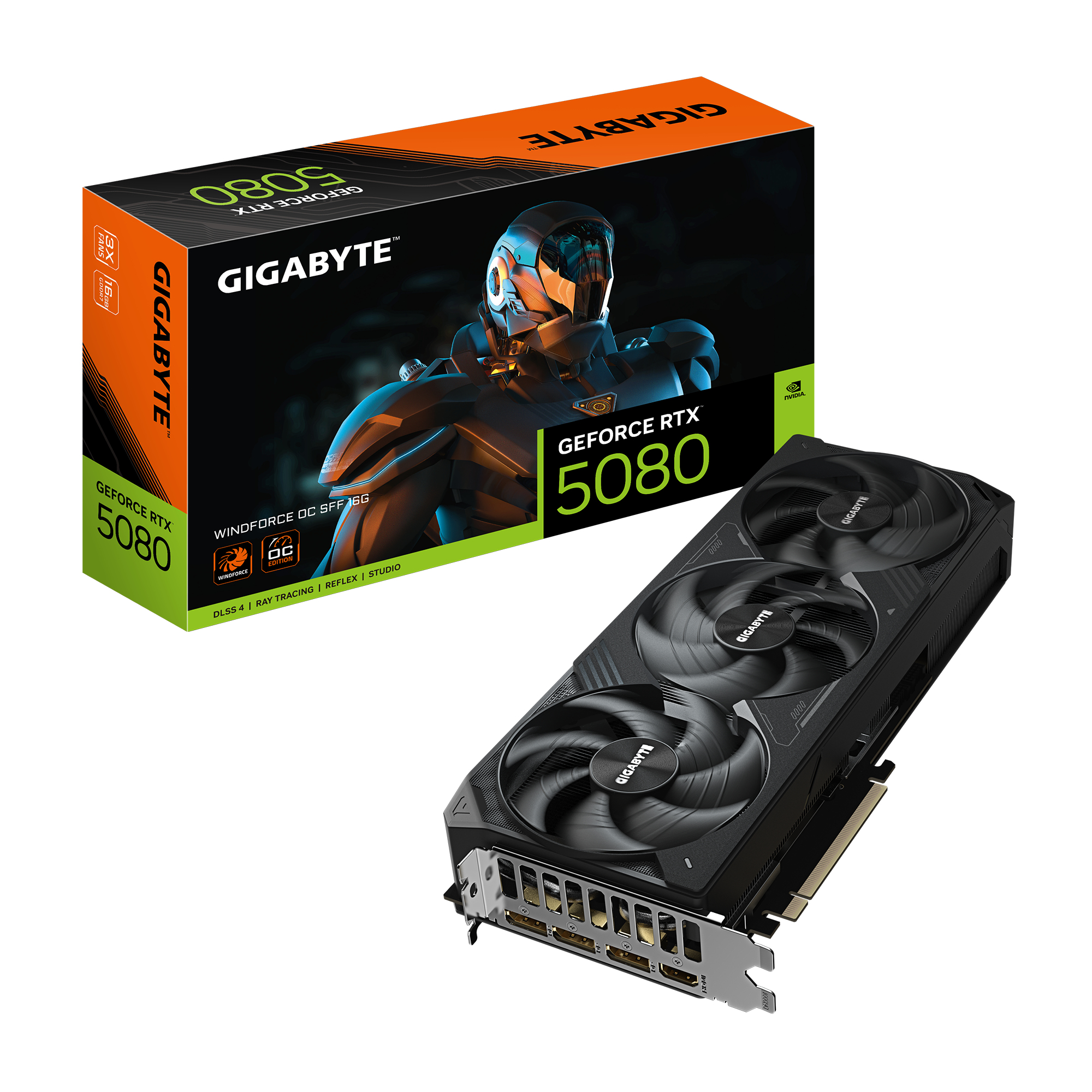 GeForce RTX 5080 WINDFORCE OC SFF 16G Carte Graphique - 16 Go GDDR7, 256 bits, PCI-E 5.0, 2670MHz Fréquence du Cœur, 3 x DP 2.1a, 1 x HDMI 2.1b, GV-N5080WF3OC-16GD