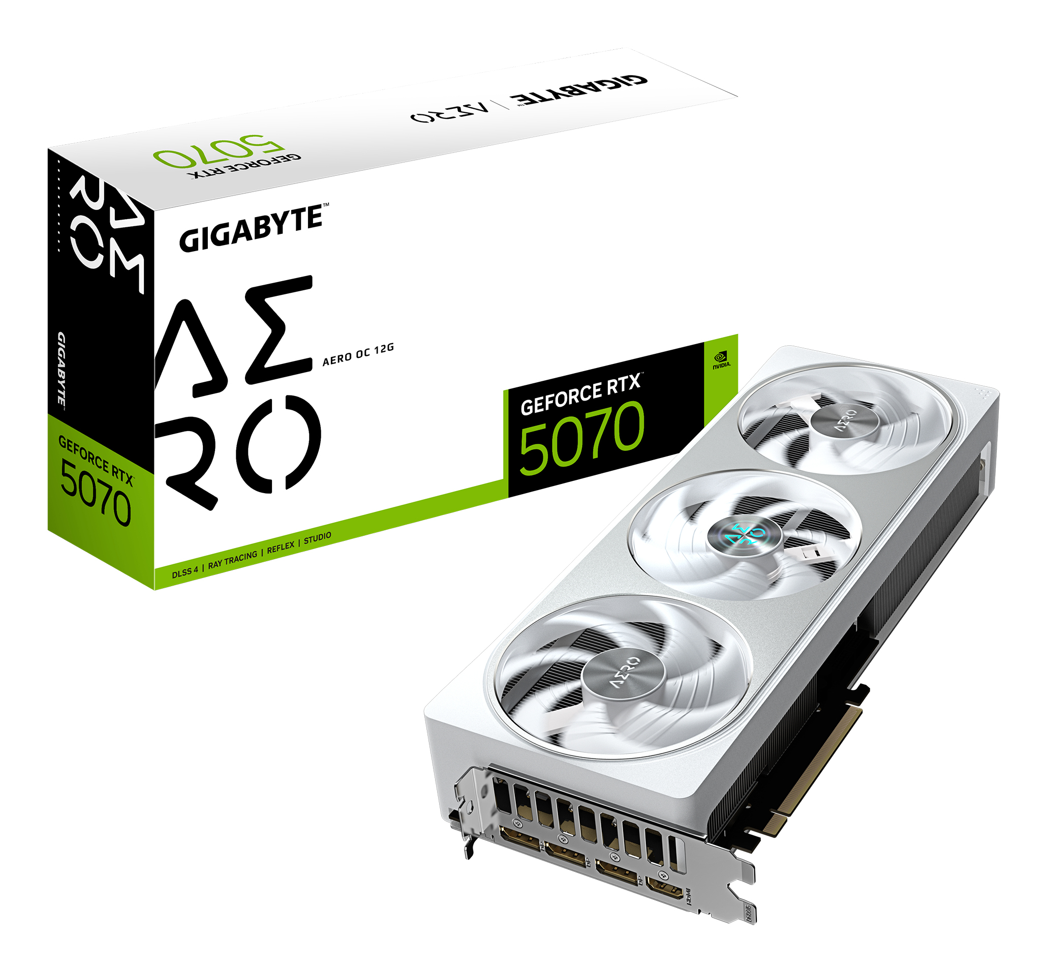 GeForce RTX 5070 AERO OC 12G Carte Graphique - 12 Go GDDR7, 192 bits, PCI-E 5.0, 2625 MHz Core Clock, 3 x DP 2.1a, 1 x HDMI 2.1b, NVIDIA DLSS 4, GV-N5070AERO OC-12GD