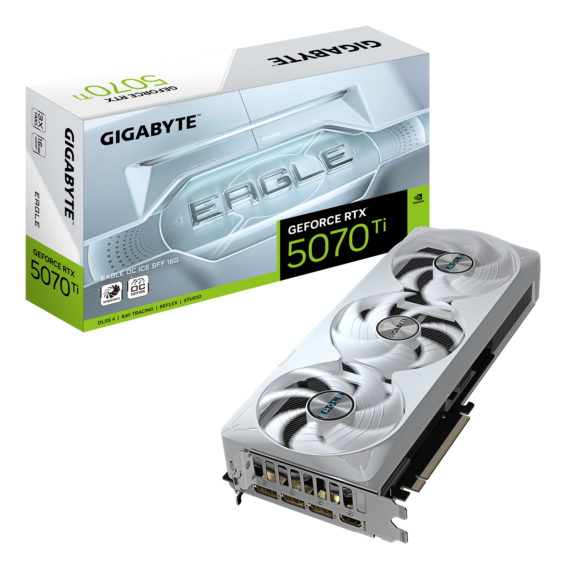 GeForce RTX 5070 Ti EAGLE OC ICE SFF 16G Carte Graphique - 16 Go GDDR7, 256 bits, PCI-E 5.0, 2542 MHz Core Clock, 3 x DP 2.1a, 1 x HDMI 2.1b, NVIDIA DLSS 4, GV-N507TEAGLEOC ICE-16GD