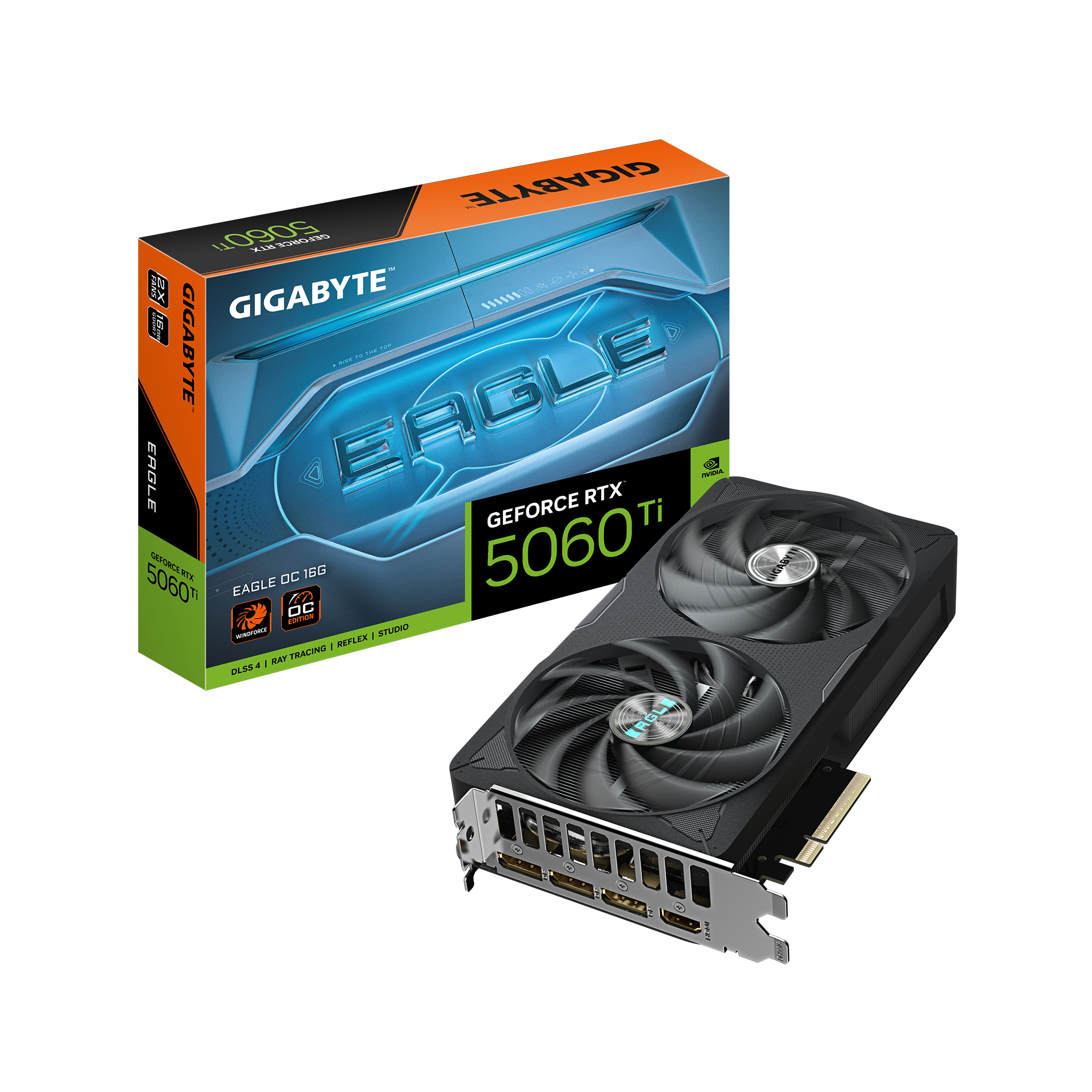 GeForce RTX 5060 Ti EAGLE OC 16G Carte Graphique – 16 Go GDDR7, 128 bits, PCI-E 5.0, 2617 MHz Fréquence du processeur, 3 x DisplayPort, 1 x HDMI, GV-N506TEAGLE OC-16GD