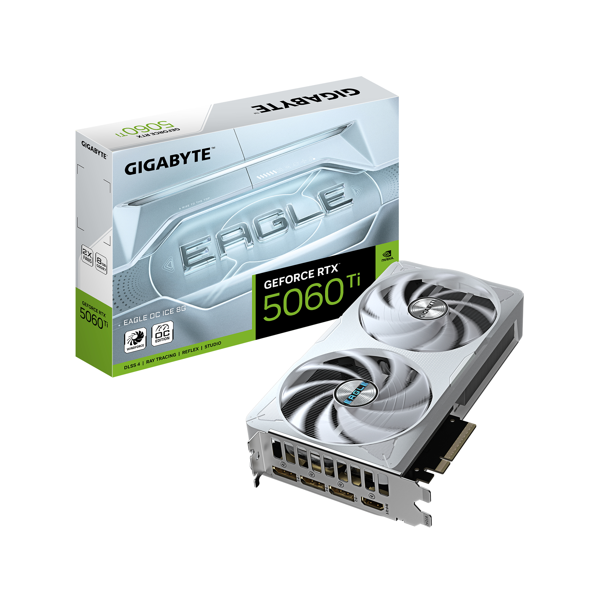 GeForce RTX 5060 Ti EAGLE OC ICE 8G Carte Graphique – 8 Go GDDR7, 128 bits, PCI-E 5.0, 2617 MHz Fréquence du processeur, 3 x DisplayPort, 1 x HDMI, GV-N506TEAGLEOC ICE-8GD
