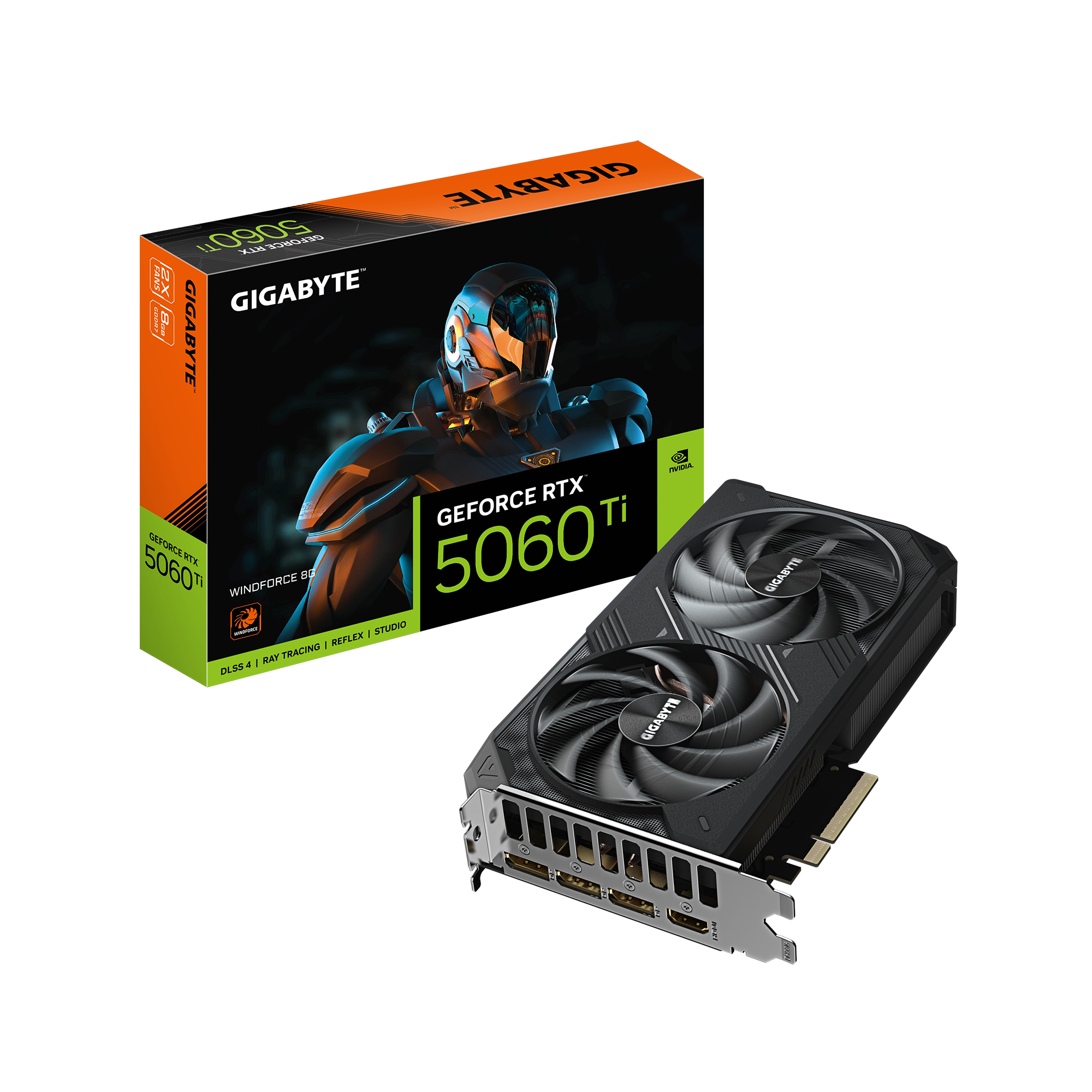 GeForce RTX 5060 Ti WINDFORCE 8G Carte Graphique – 8 Go GDDR7, 128 bits, PCI-E 5.0, 2572 MHz Fréquence du processeur, 3 x DisplayPort, 1 x HDMI, GV-N506TWF2-8GD
