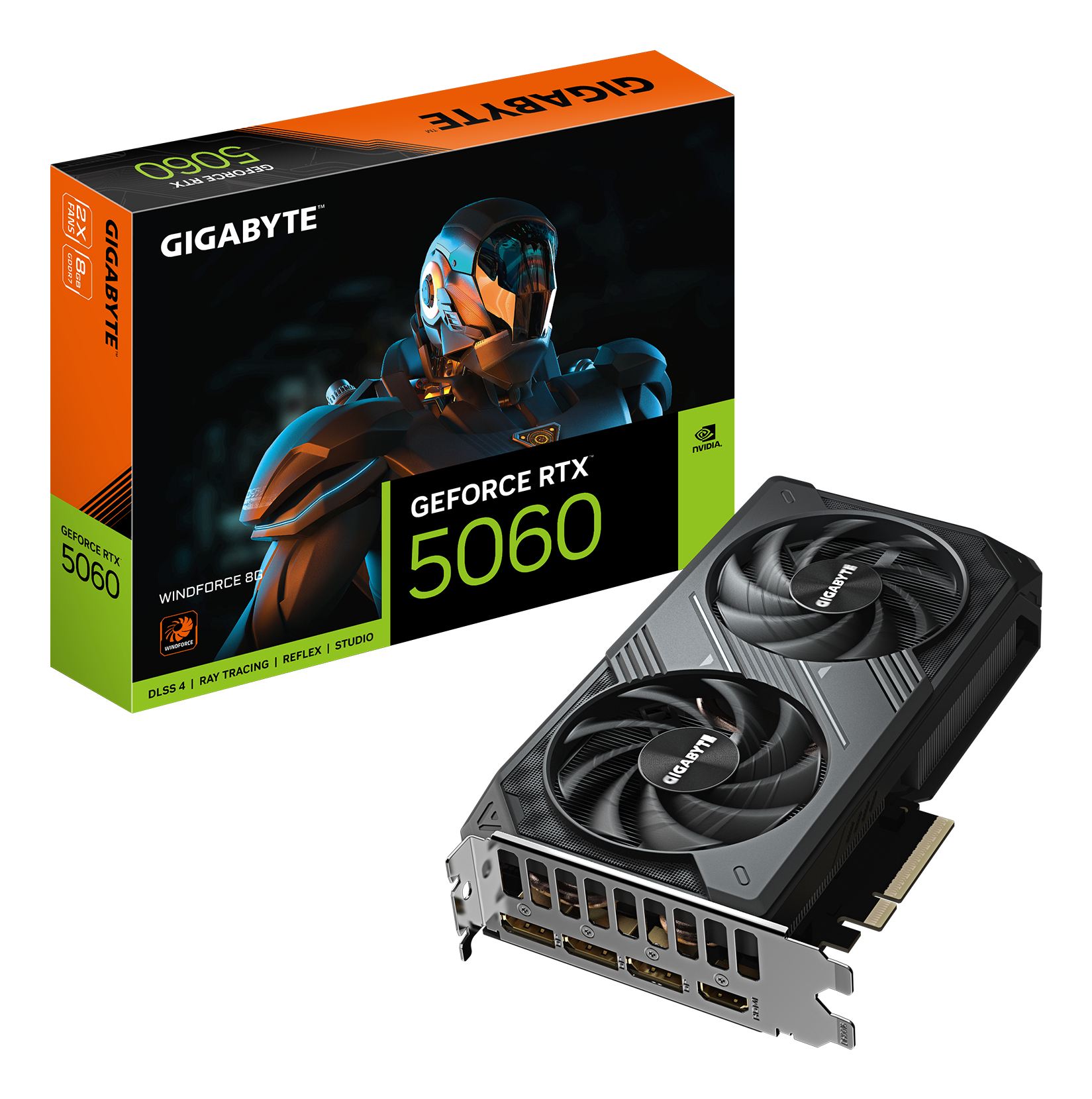 GeForce RTX 5060 WINDFORCE 8G Carte Graphique - 8GB GDDR7, 128bit, PCI-E 5.0, 2497 MHz Fréquence du cœur, 3 x DisplayPort, 1 x HDMI, GV-N5060WF2-8GD