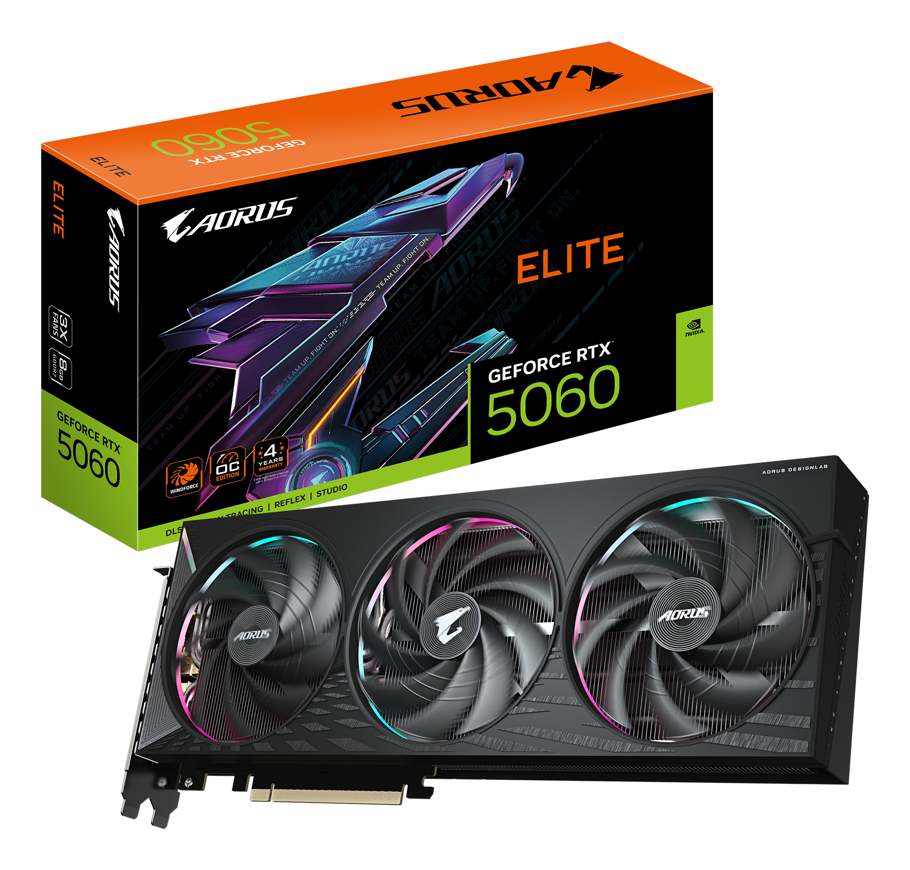 AORUS GeForce RTX 5060 ELITE 8G Carte Graphique - 8GB GDDR7, 128bit, PCI-E 5.0, 2722 MHz Fréquence du cœur, 3 x DisplayPort, 1 x HDMI, GV-N5060AORUS E-8GD
