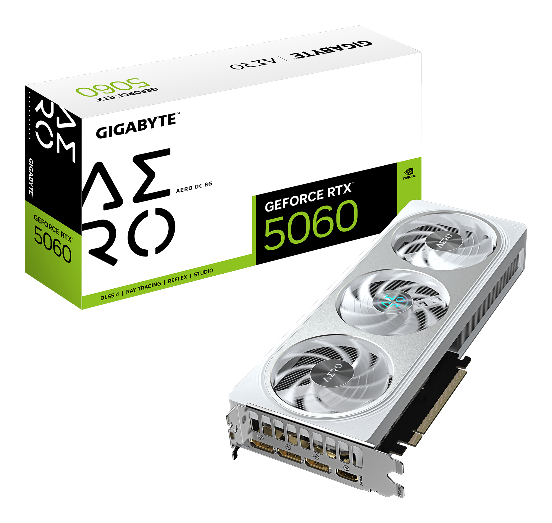 GeForce RTX 5060 AERO OC 8G Carte Graphique - 8GB GDDR7, 128bit, PCI-E 5.0, 2595 MHz Fréquence du cœur, 3 x DisplayPort, 1 x HDMI, GV-N5060AERO OC-8GD