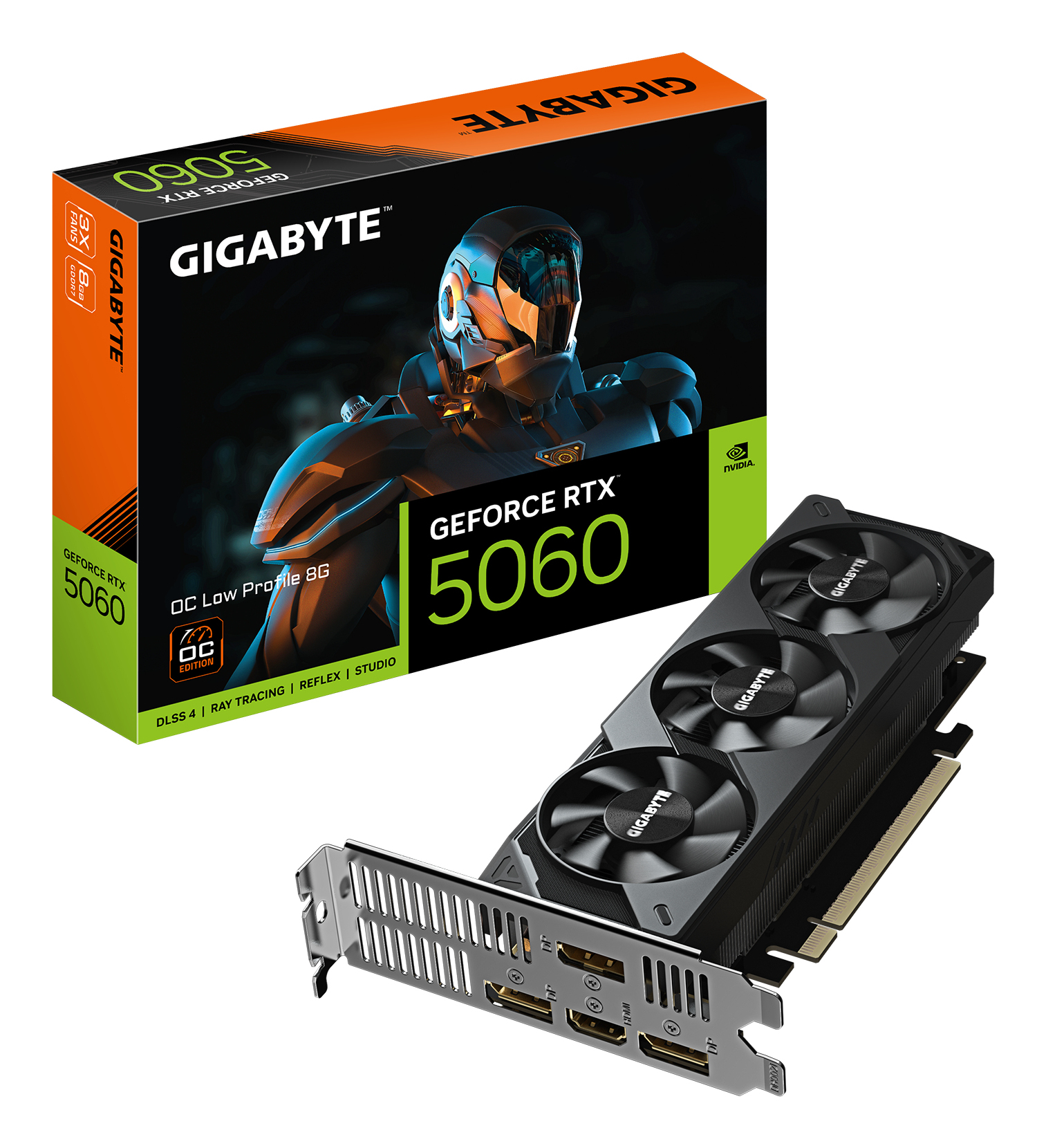 GeForce RTX 5060 OC Low Profile 8G Carte Graphique - 8GB GDDR7, 128bit, PCI-E 5.0, 2512 MHz Fréquence du cœur, 3 x DisplayPort, 1 x HDMI, GV-N5060OC-8GL