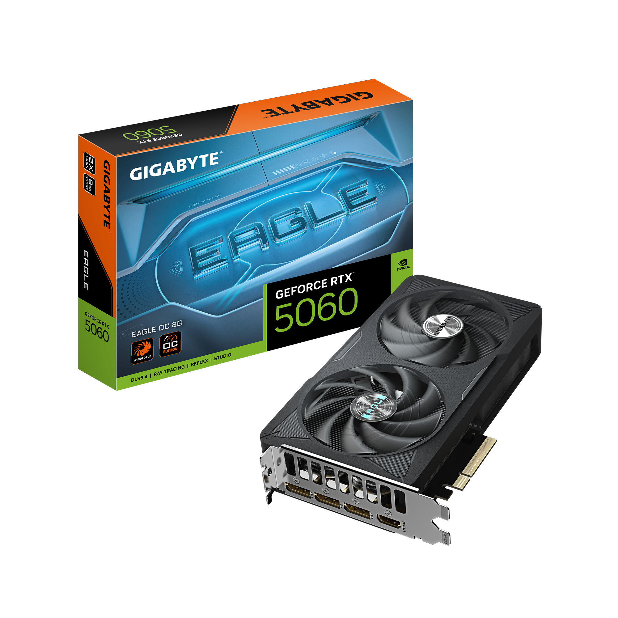 GeForce RTX 5060 EAGLE OC 8G Carte Graphique - 8GB GDDR7, 128bit, PCI-E 5.0, 2550 MHz Fréquence du cœur, 3 x DisplayPort, 1 x HDMI, GV-N5060EAGLE OC-8GD