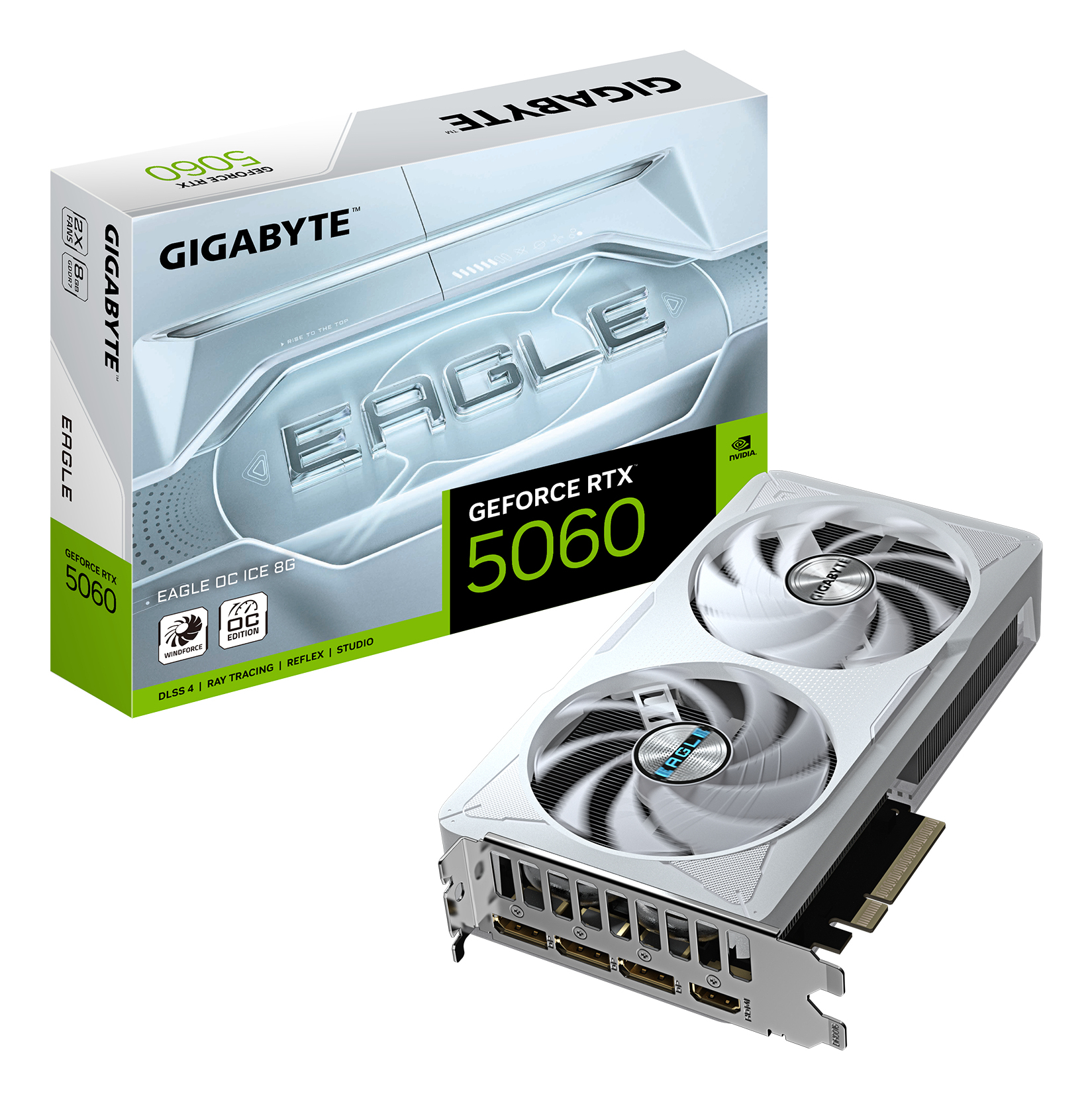 GeForce RTX 5060 EAGLE OC ICE 8G Carte Graphique - 8GB GDDR7, 128bit, PCI-E 5.0, 2550 MHz Fréquence du cœur, 3 x DisplayPort, 1 x HDMI, GV-N5060EAGLEOC ICE-8GD