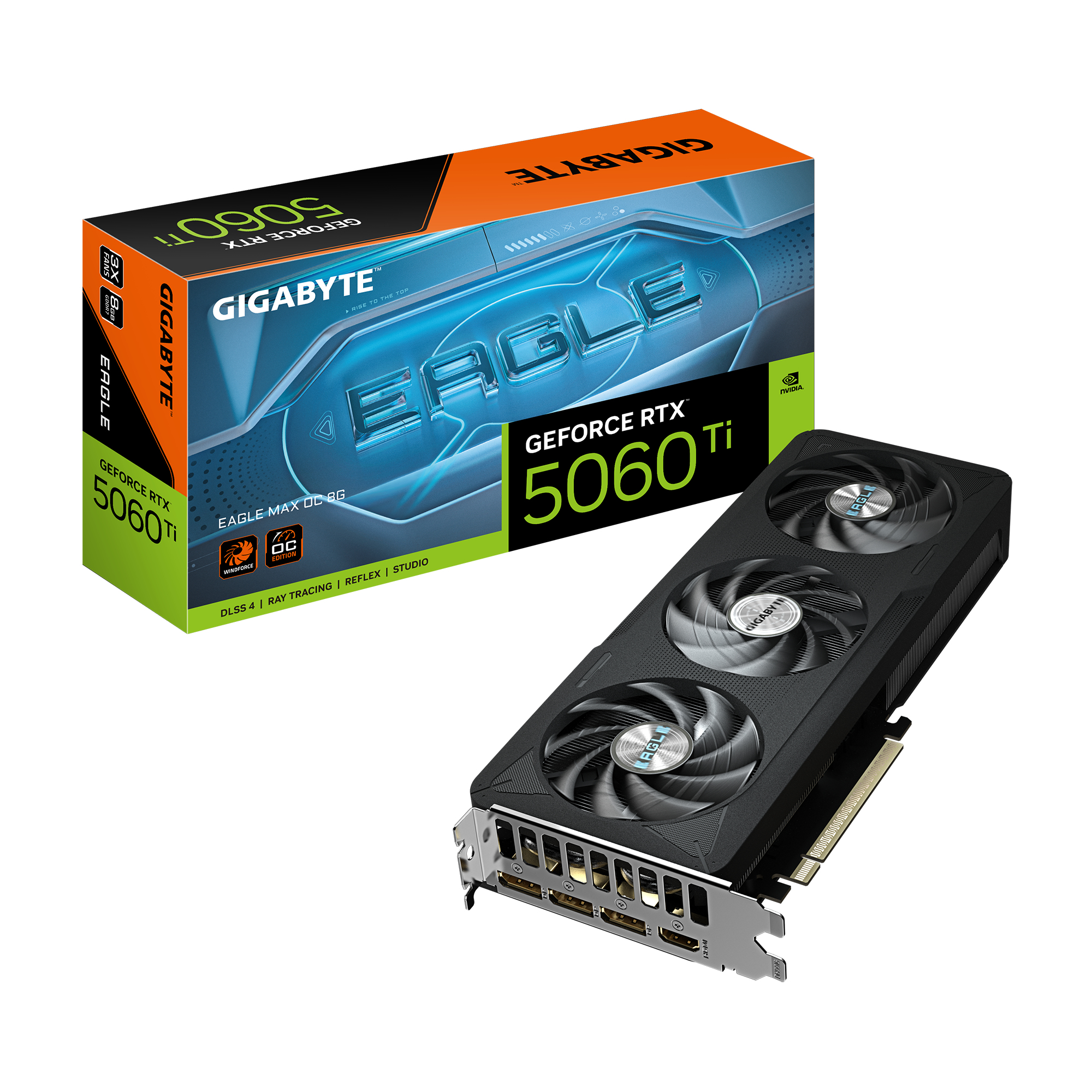 GeForce RTX 5060 Ti EAGLE MAX OC 8G Carte Graphique – 8 Go GDDR7, 128 bits, PCI-E 5.0, 2617MHz Fréquence du processeur, 3 x DisplayPort, 1 x HDMI, NVIDIA DLSS 4, GV-N506TEAGLEMAX OC-8GD