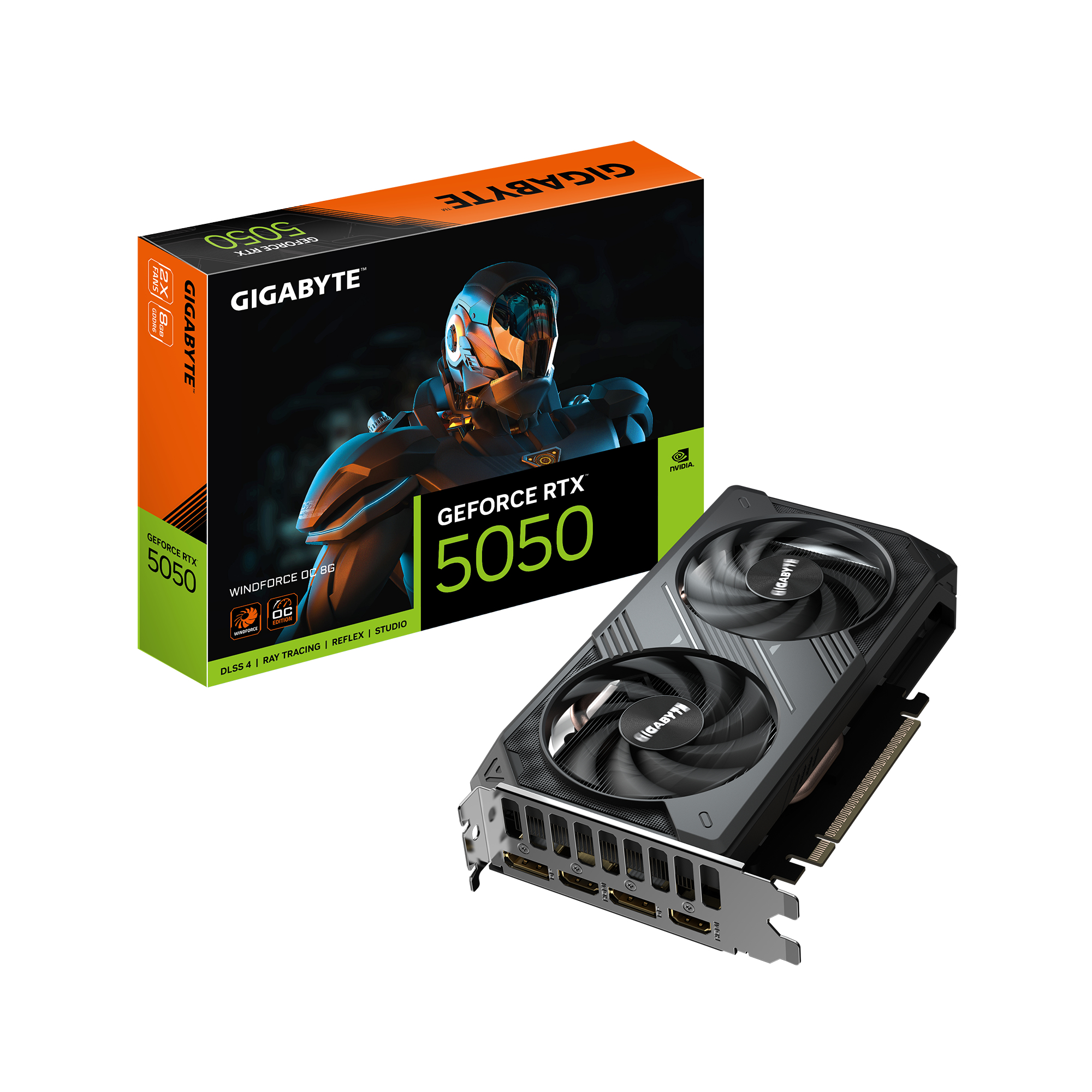GeForce RTX 5050 WINDFORCE OC 8G Carte Graphique - 8GB GDDR6, 128bit, PCI-E 5.0, 2587MHz Fréquence du cœur, 2 x DP, 2 x HDMI, NVIDIA DLSS 4, GV-N5050WF2OC-8GD