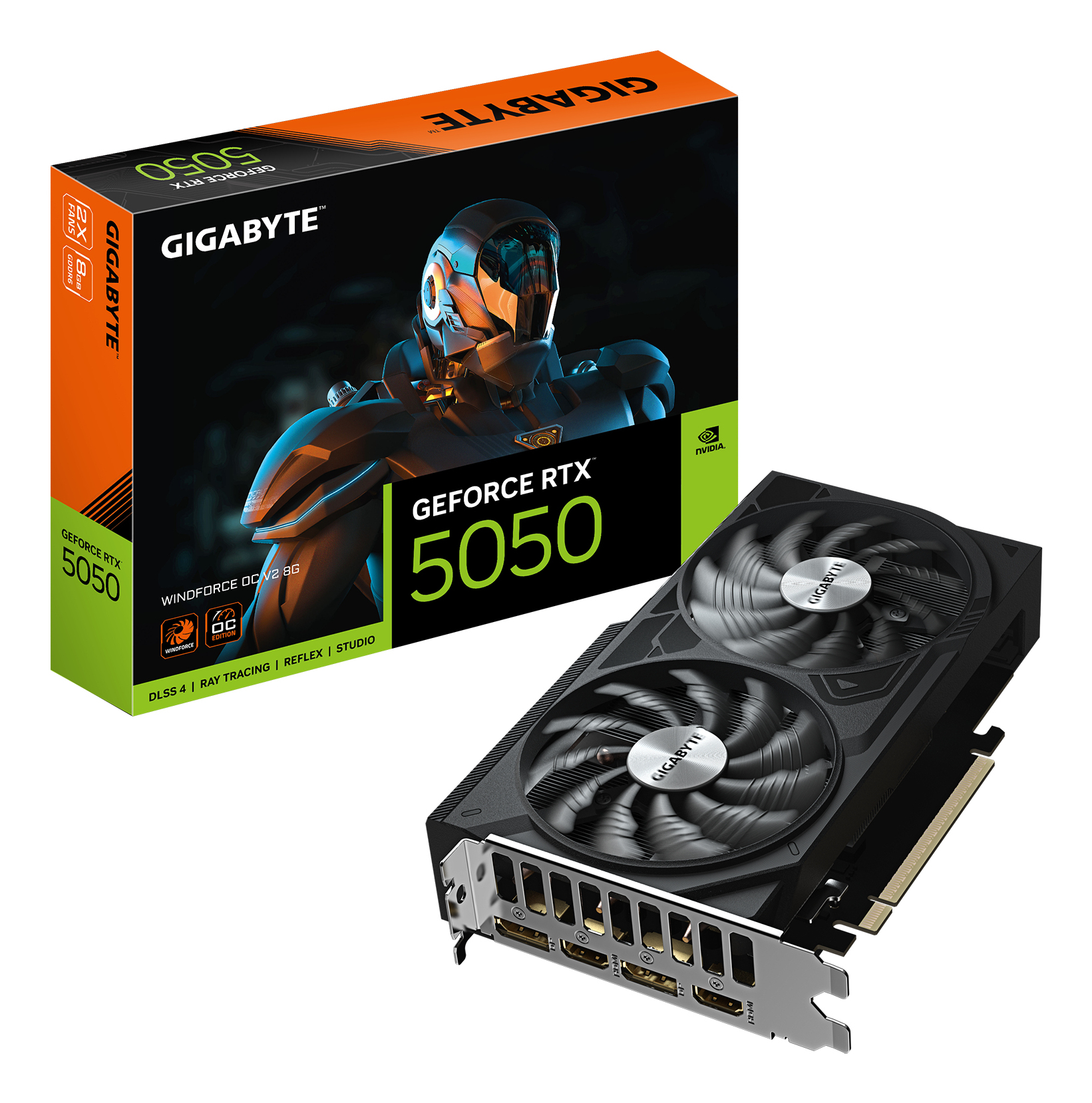 GeForce RTX 5050 WINDFORCE OC V2 8G Carte Graphique - 8GB GDDR6, 128bit, PCI-E 5.0, 2572MHz Fréquence du cœur, 2 x DP, 2 x HDMI, NVIDIA DLSS 4, GV-N5050WF2OCV2-8GD