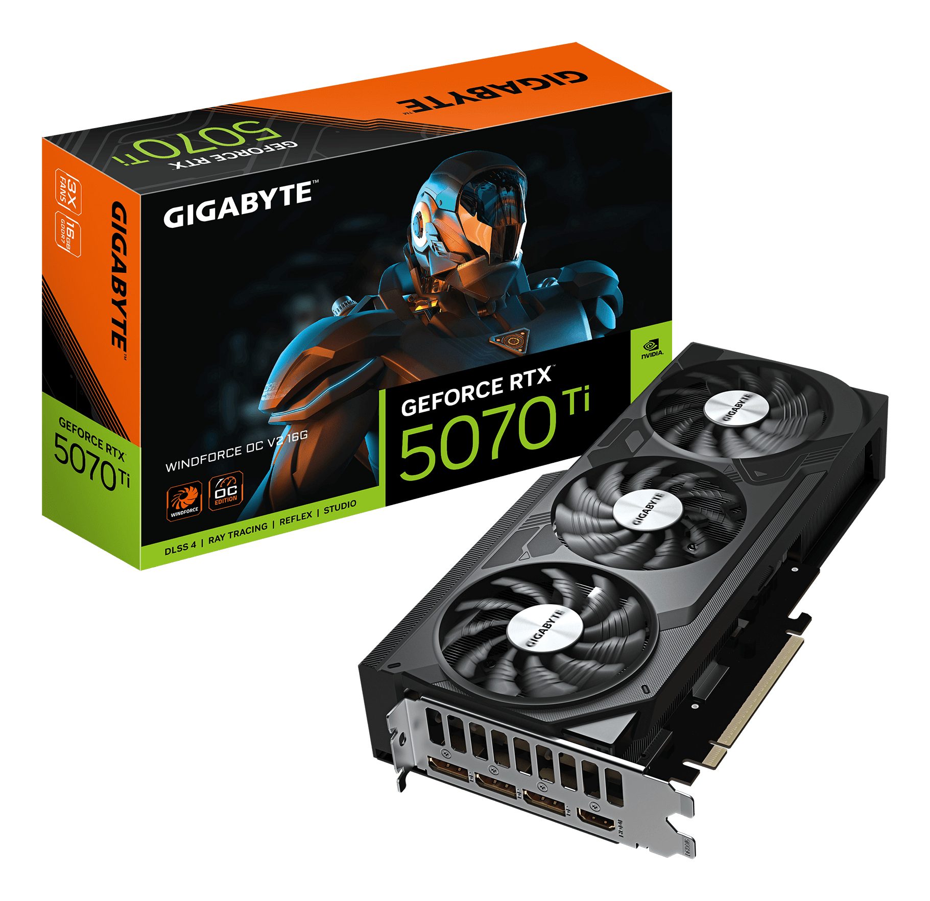 GeForce RTX 5070 Ti WINDFORCE OC V2 16G Carte Graphique - 16GB GDDR6, 256bit, PCI-E 5.0, 2497 MHz Fréquence du GPU, 3 x DisplayPort, 1 x HDMI, GV-N507TWF3OCV2-16GD