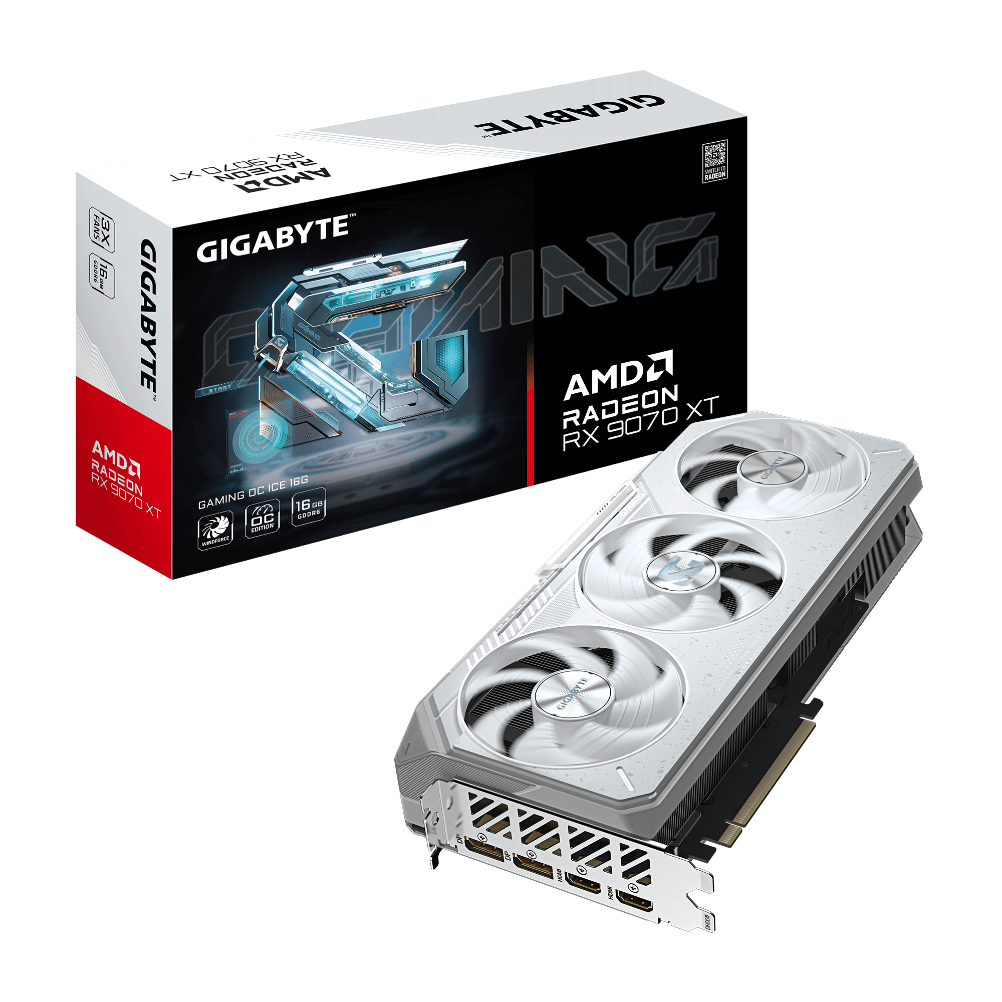 Radeon RX 9070 XT GAMING OC ICE 16G Carte Graphique - 16GB GDDR6, 256bit, PCI-E 5.0, 3060 MHz Fréquence du cœur, 2 x DisplayPort, 2 x HDMI, GV-R907XGAMINGOCICE-16GD