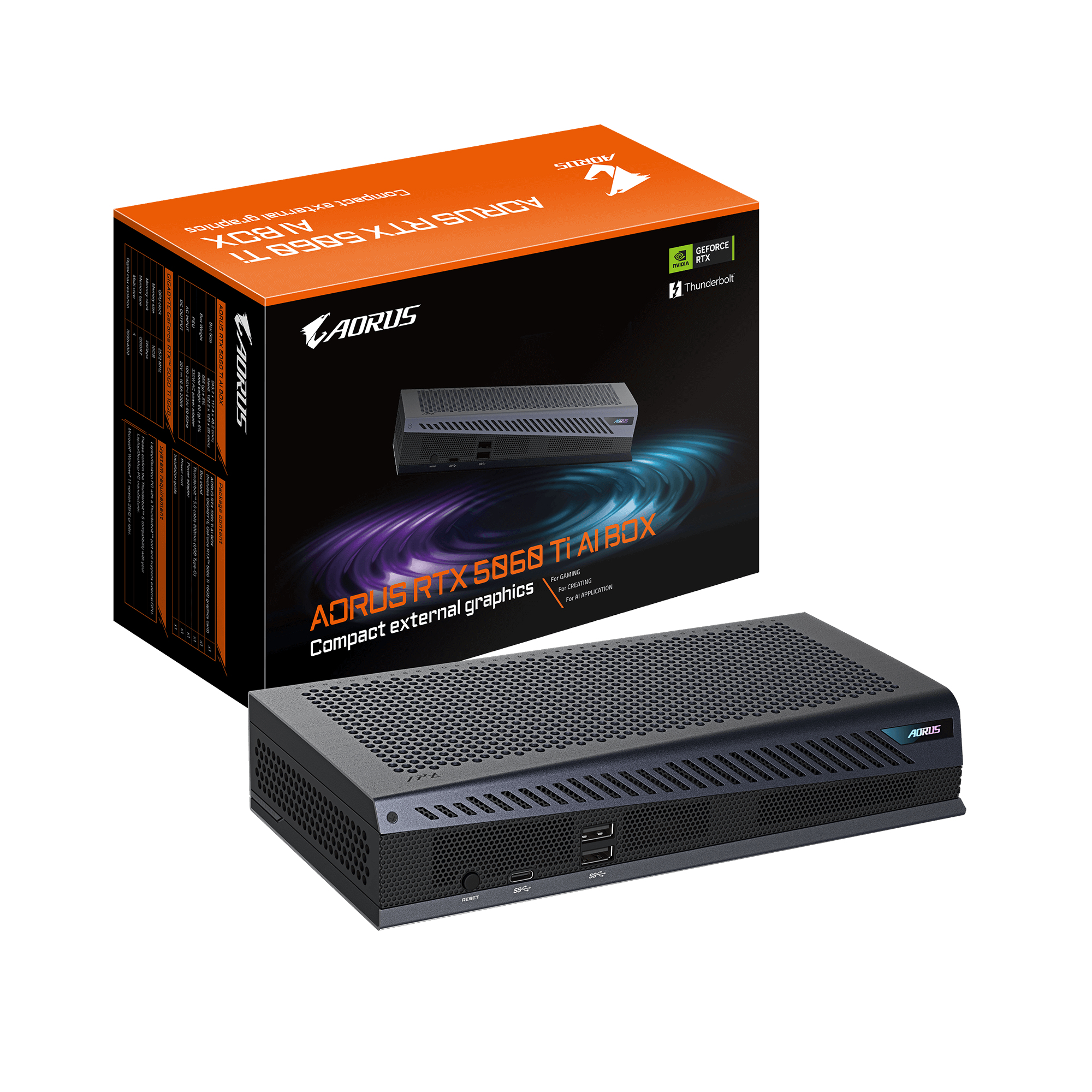 AORUS RTX 5060 Ti AI BOX Carte Graphique - 16GB GDDR7, 128bit, PCI-E 5.0, 2572MHz Fréquence du cœur, 3 x DP 2.1, 1 x HDMI 2.1, GV-N506TIXEB-16GD