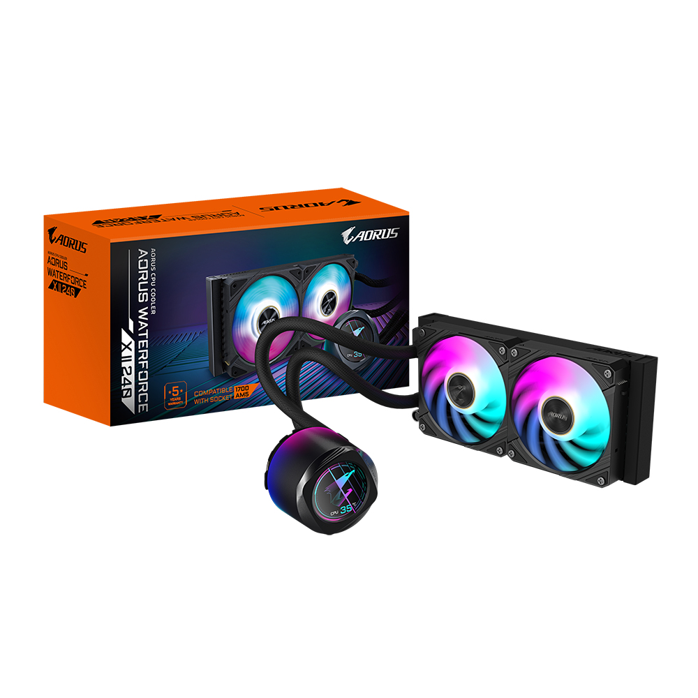 AORUS WATERFORCE X II 240 Refroidisseur liquide pour processeur AIO - 2x ventilateurs ARGB de 120 mm, écran LCD en couleur, DAISY-CHAIN, compatible avec Intel LGA 1851 et AMD AM5