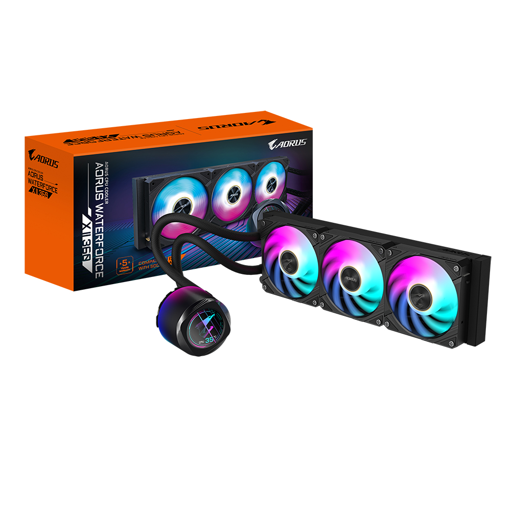 AORUS WATERFORCE X II 360 Refroidisseur liquide pour processeur AIO - 3x ventilateurs ARGB de 120 mm, écran LCD en couleur, DAISY-CHAIN, compatible avec Intel LGA 1851 et AMD AM5