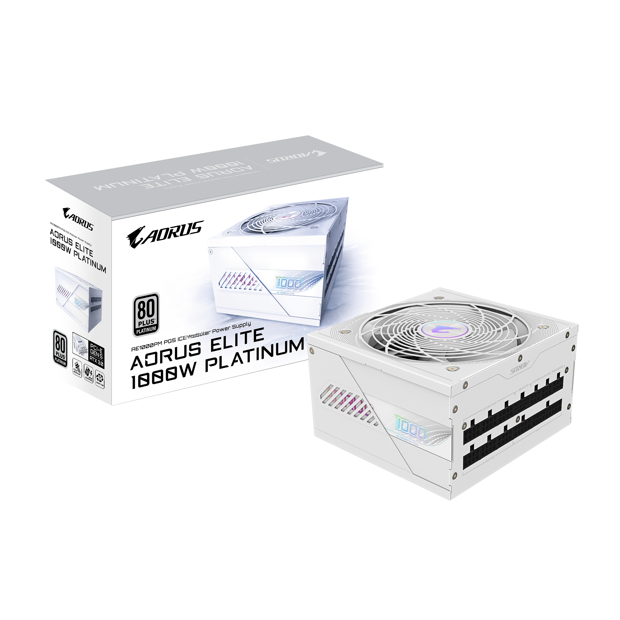 AORUS ELITE P1000W ICE Alimentation - PCIe 5.0, 80 PLUS Platinum, Conception entièrement modulaire, Ventilateur de 120 mm, Compatible ATX 3.0, Prise EU