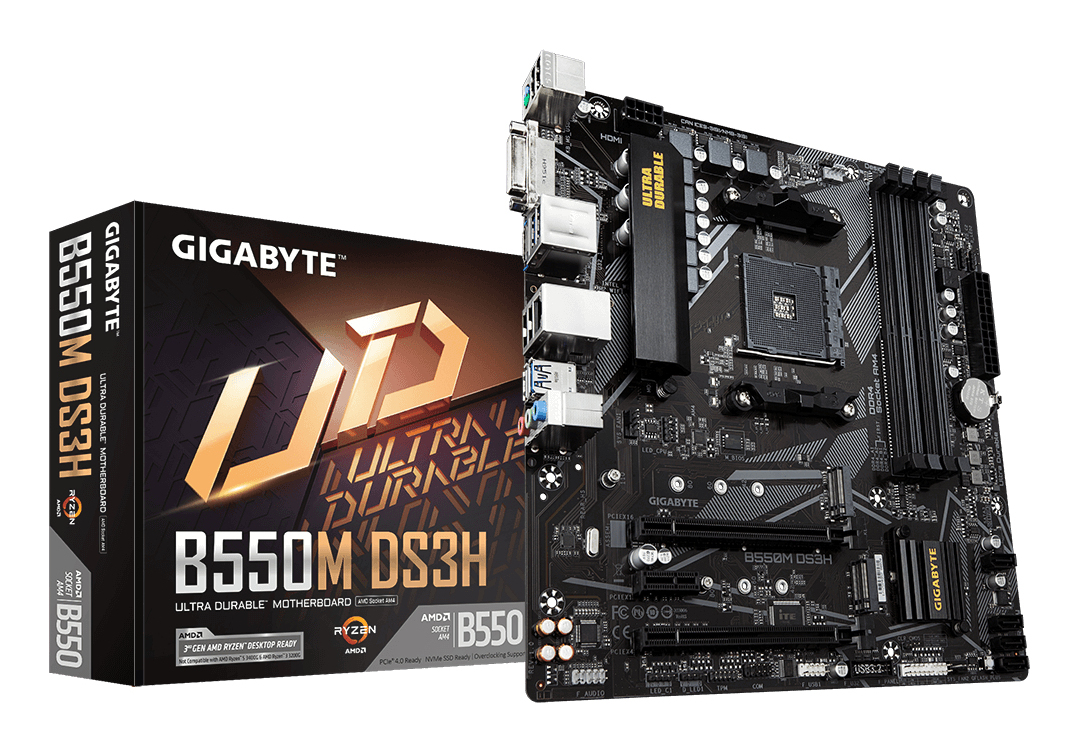 B550M DS3H Carte mère - Processeurs AMD Ryzen 5000, VRM 5+3 phases, jusqu'à 4733 MHz DDR4, 1xPCIe 4.0 + 1xPCIe 3.0 M.2, LAN 1GbE, USB 3.2 Gen 1
