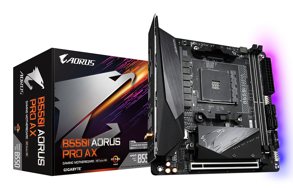B550I AORUS PRO AX Carte mère - Processeurs AMD Ryzen 5000, VRM 8 phases, jusqu'à 5300 MHz DDR4, 1xPCIe 4.0 + 1xPCIe 3.0 M.2, Wi-Fi 6E, LAN 2.5GbE, USB 3.2 Gen 2