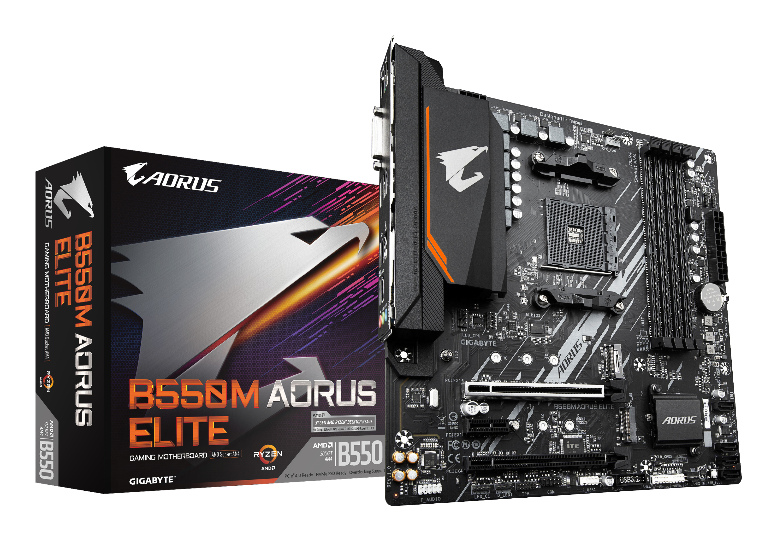 B550M AORUS ELITE Carte mère - Processeurs AMD Ryzen 5000, VRM 5+3 phases, jusqu'à 4733 MHz DDR4, 1xPCIe 4.0 + 1xPCIe 3.0 M.2, LAN 1GbE, USB 3.2 Gen 1