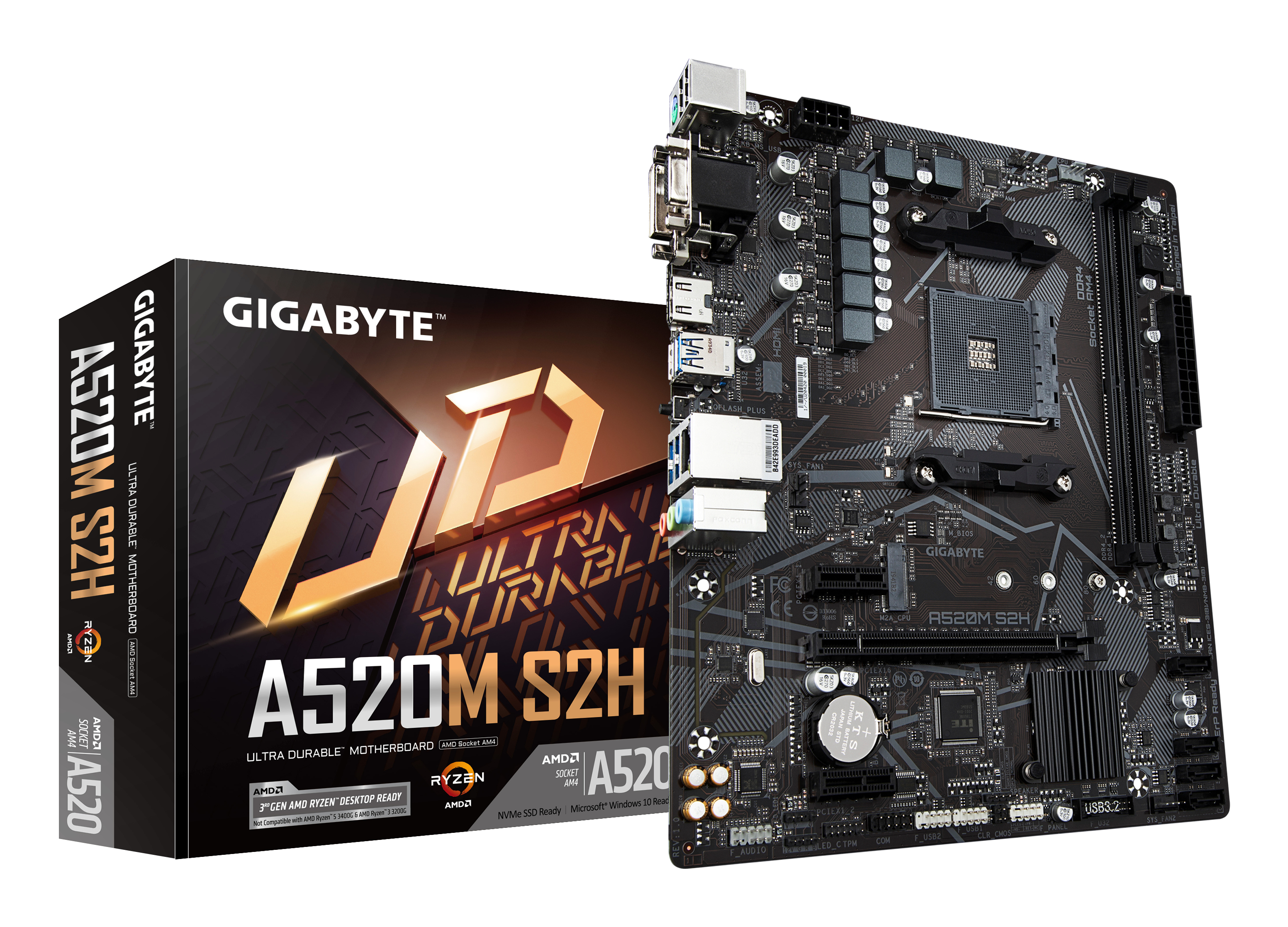 Carte mère A520M S2H - Prend en charge les processeurs AMD Ryzen série 5000 AM4, VRM numérique pur 4+3 phases, jusqu'à 5100 MHz DDR4 (OC), PCIe 3.0 x4 M.2, LAN GbE, USB 3.2 Gen 1