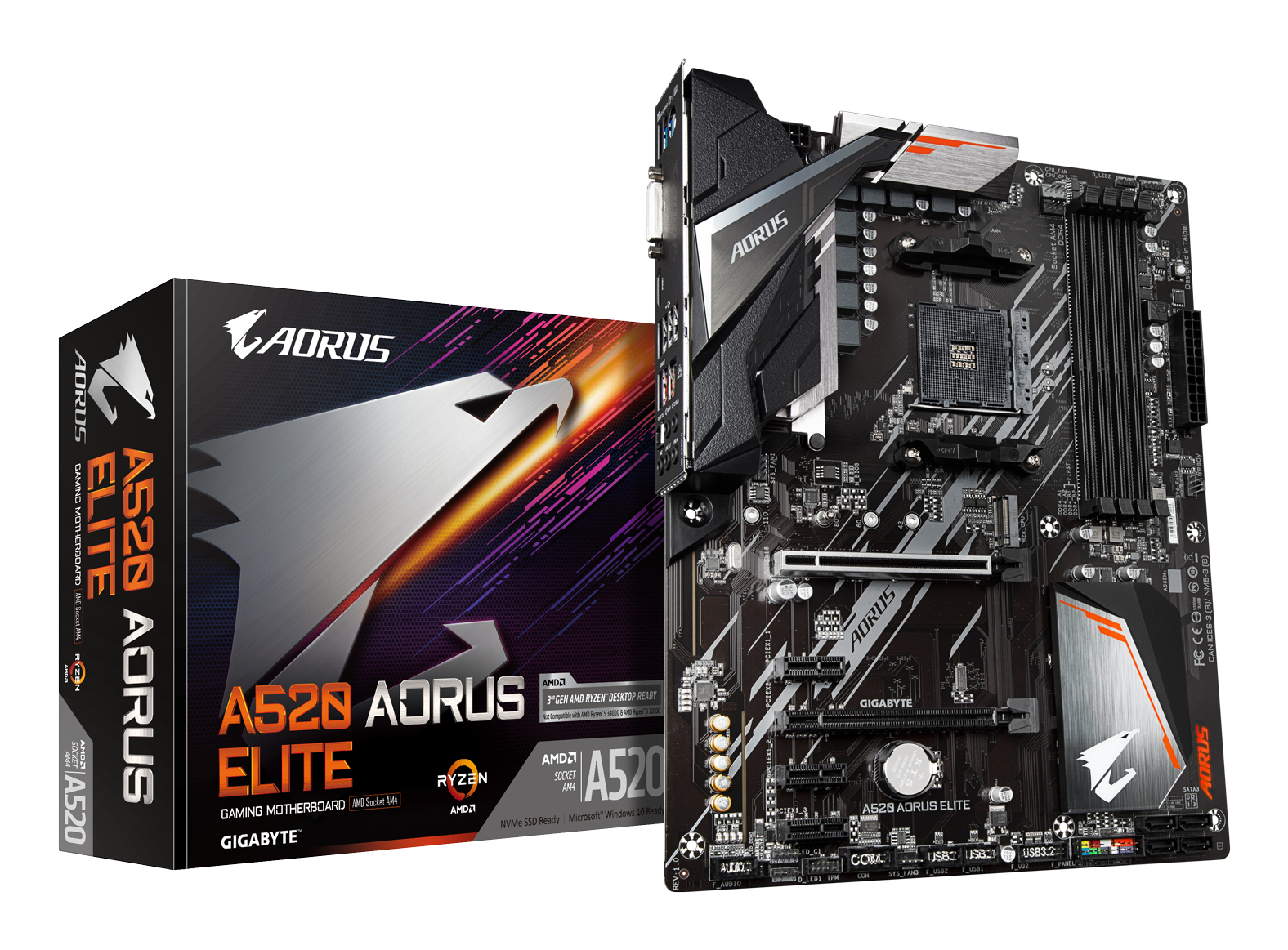 Carte mère A520 AORUS ELITE - Compatible avec les processeurs AMD Ryzen série 5000 AM4, VRM numérique pur 5+3 phases, jusqu'à 4733MHz DDR4 (OC), PCIe 3.0 x4 M.2, LAN GbE, USB 3.2 Gen2