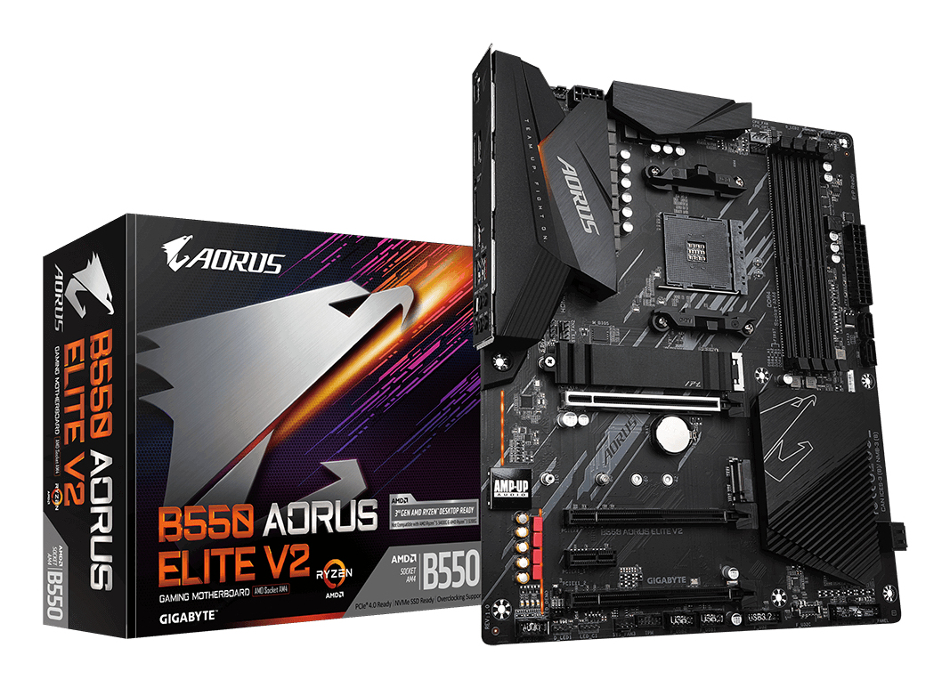 B550 AORUS ELITE V2 Carte mère - Processeurs AMD Ryzen 5000, VRM 12+2 phases, jusqu'à 4733 MHz DDR4, 1xPCIe 4.0 + 1xPCIe 3.0 M.2, LAN 2.5GbE, USB 3.2 Gen 2