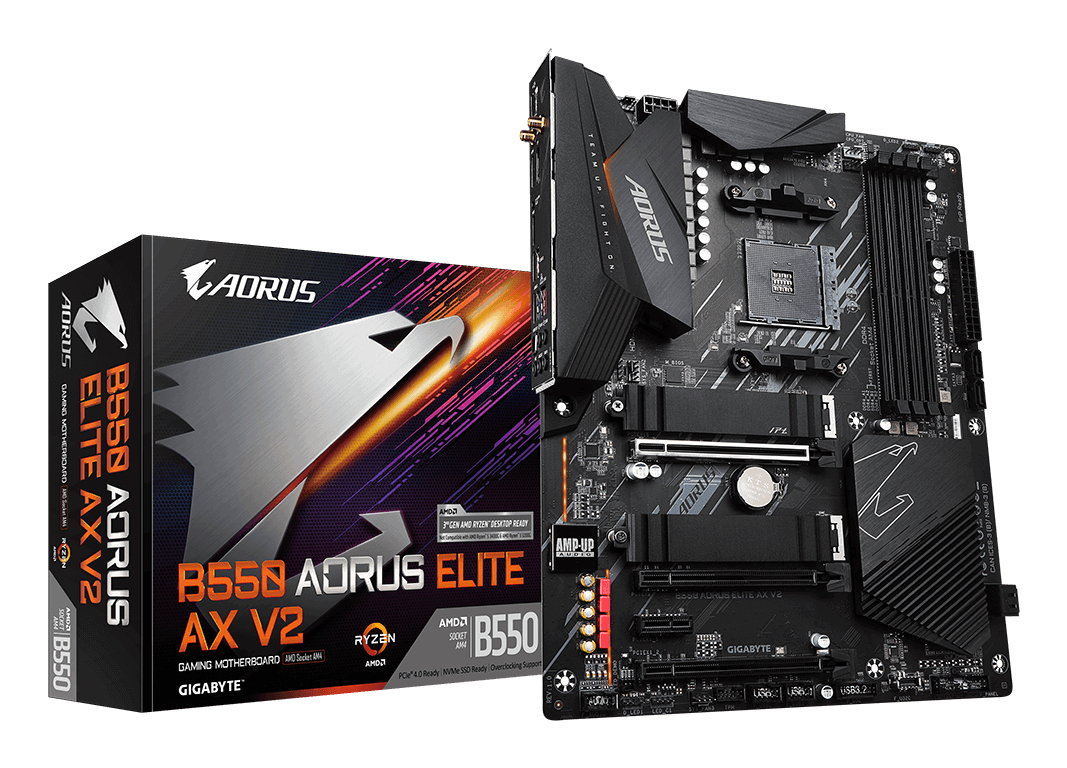 B550 AORUS ELITE AX V2 Carte mère - Processeurs AMD Ryzen 5000, VRM 12+2 phases, jusqu'à 4733 MHz DDR4, 1xPCIe 4.0 + 1xPCIe 3.0 M.2, Wi-Fi 6E, LAN 2.5GbE, USB 3.2 Gen 2