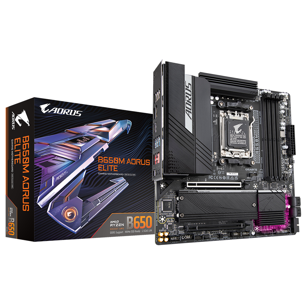 B650M AORUS ELITE Carte mère - Compatible avec les processeurs AMD Ryzen 9000, VRM 12+2+2 phases, jusqu'à 8000 MHz DDR5, 1xPCIe 5.0 + 1xPCIe 4.0 M.2, LAN 2.5GbE, USB 3.2 Gen 2x2