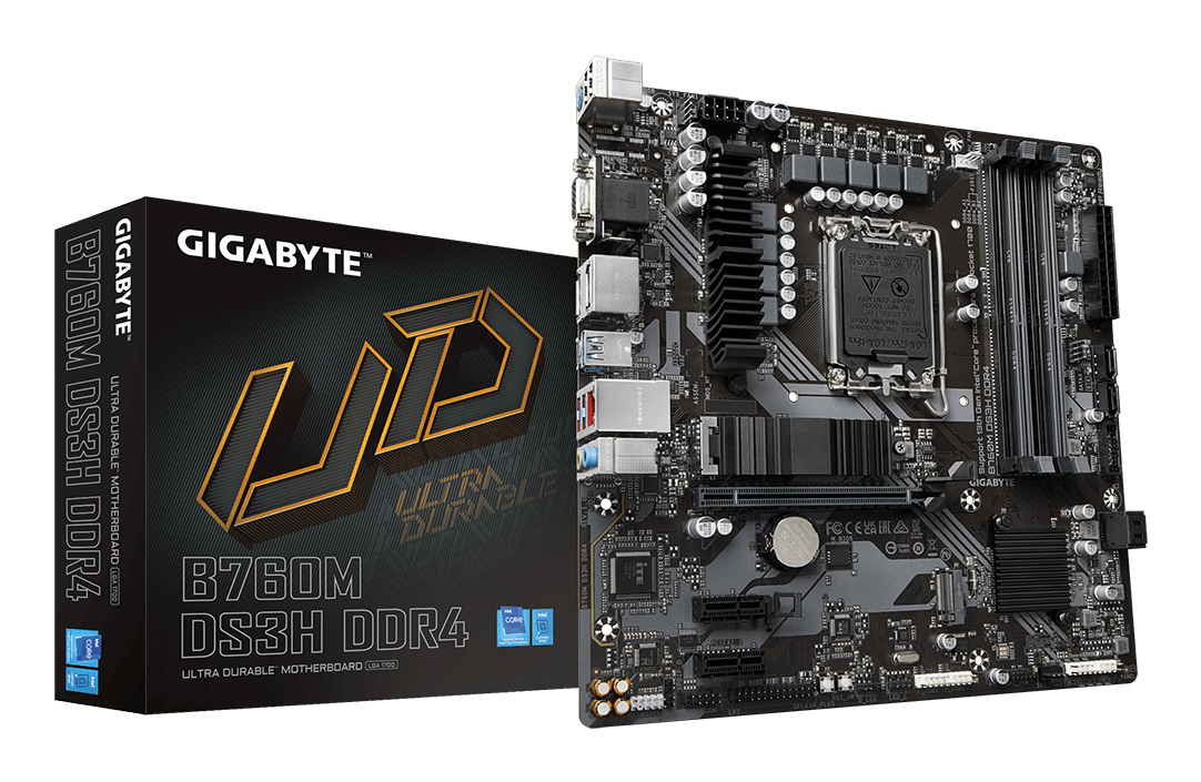 B760M DS3H DDR4 Carte Mère - Prend en charge les processeurs Intel Core de 14e génération, VRM numérique 6+2+1 phases, jusqu'à 5333MHz DDR4 (OC), 2xPCIe 4.0 M.2, LAN 2.5GbE, USB 3.2 Gen2