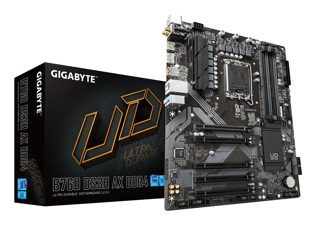 B760 DS3H AX DDR4 Carte Mère - Compatible avec les processeurs Intel Core 14e génération, VRM numérique 8+2+1 phases, jusqu'à 5333MHz DDR4 (OC), 2x PCIe 4.0 M.2, Wi-Fi 6E, GbE LAN, USB 3.2 Gen 2