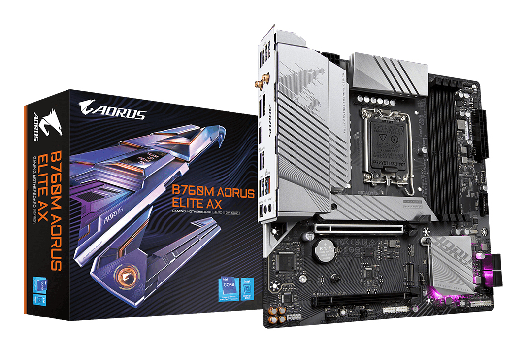 B760M AORUS ELITE AX Carte Mère - Compatible avec les processeurs Intel Core 14e génération, VRM numérique 12*+1+1 phases, jusqu'à 7800MHz DDR5 (OC), 2x PCIe 4.0 M.2, Wi-Fi 6E, 2.5GbE LAN, USB 3.2 Gen 2