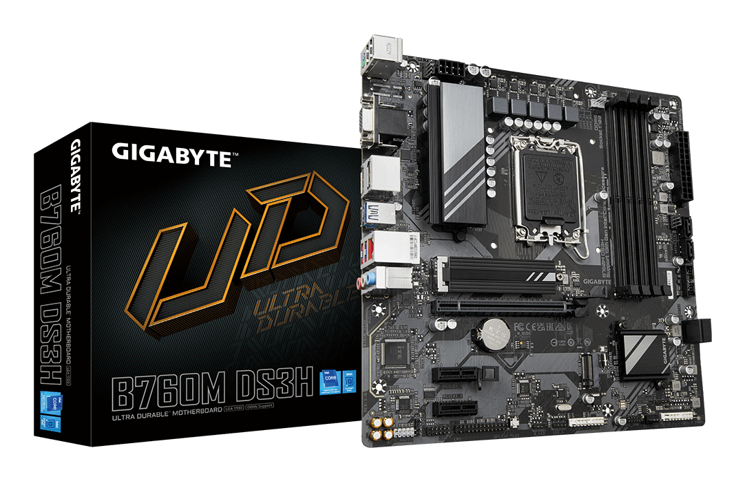 B760M DS3H Carte Mère - Compatible avec les processeurs Intel Core 14e génération, VRM numérique 6+2+1 phases, jusqu'à 7600MHz DDR5 (OC), 2x PCIe 4.0 M.2, LAN 2.5GbE, USB 3.2 Gen